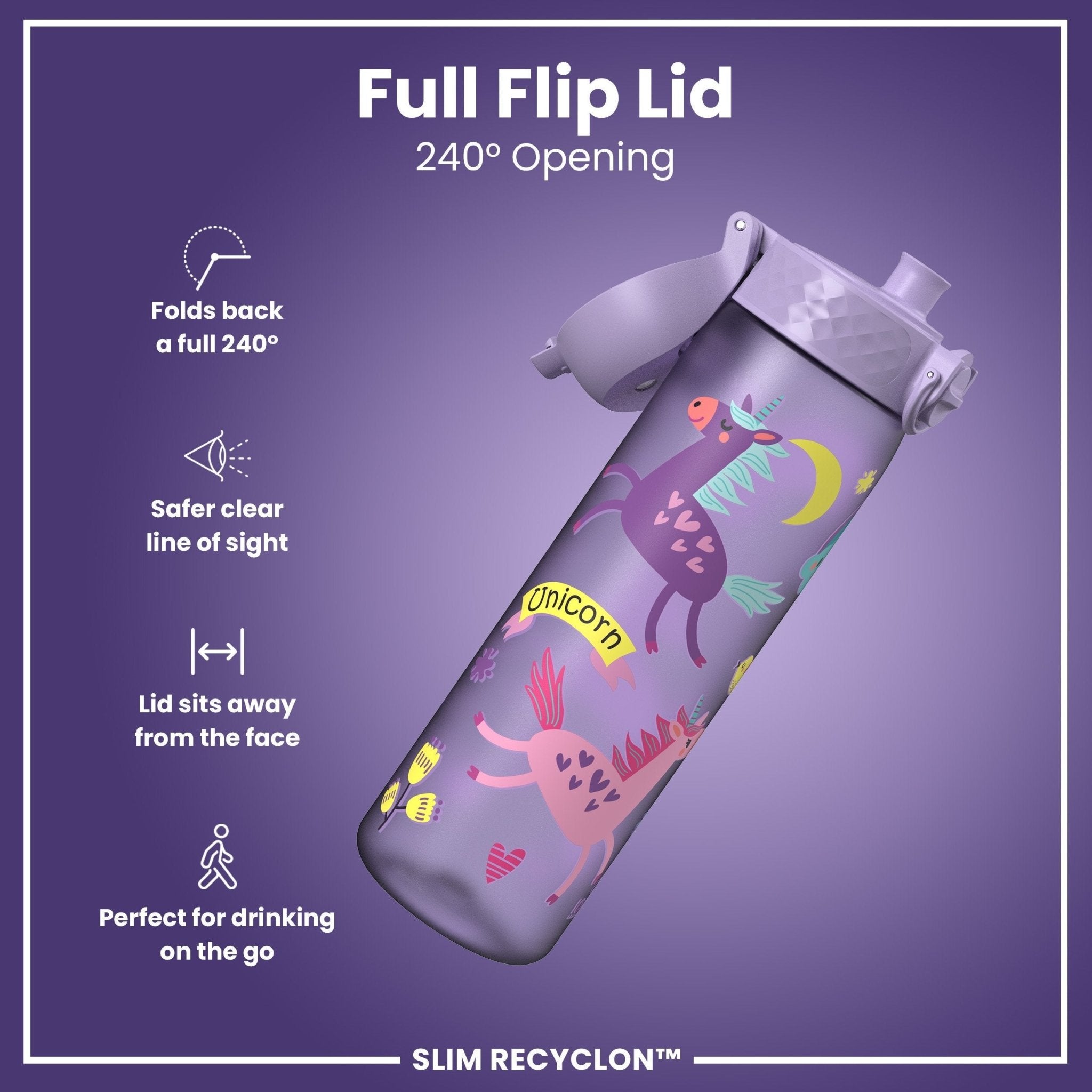 Recyclon ION8 leak-proof slim water bottle in purple with unicorns, 500ml (18oz), featuring a secure cap and compact design.