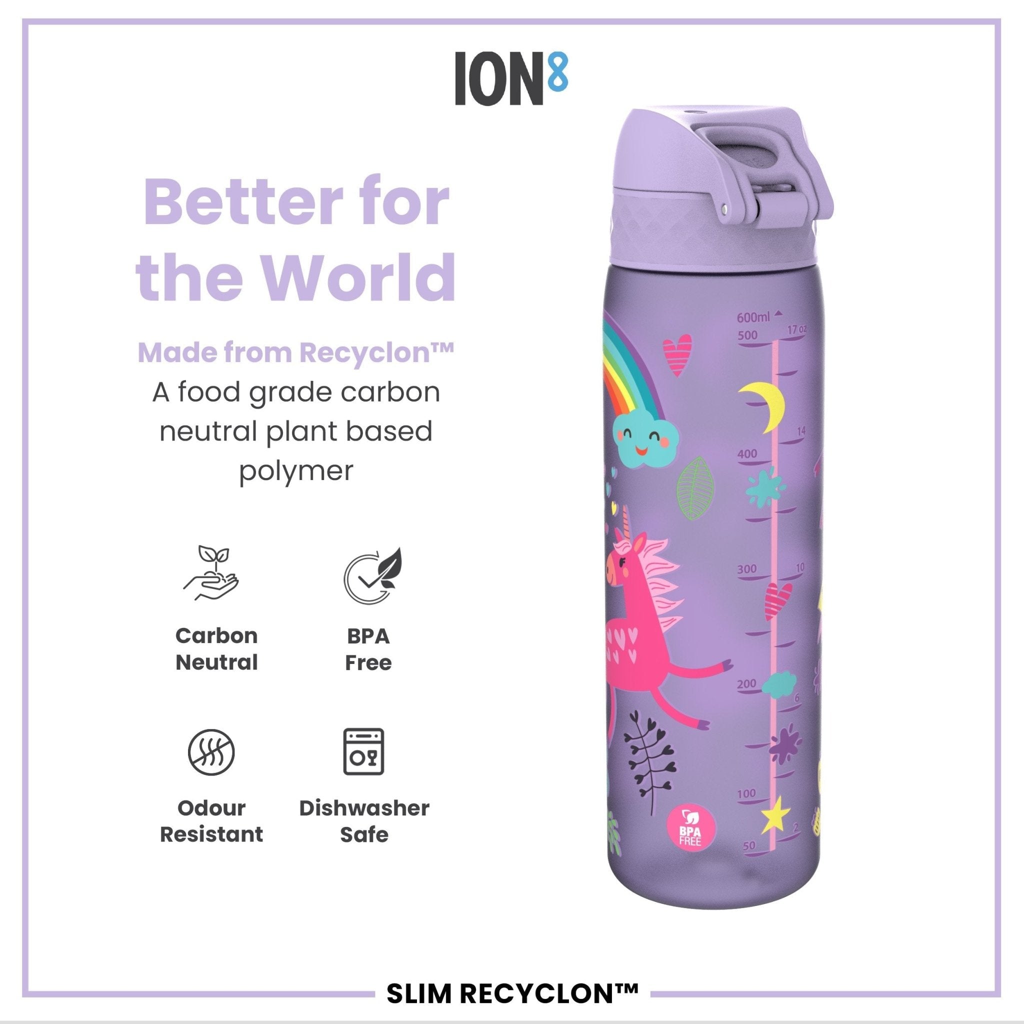 Recyclon leak-proof slim water bottle by ION8 with purple unicorns design, 500ml (18oz), for portable hydration.