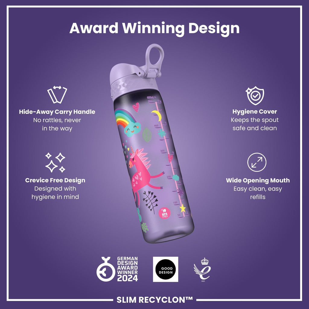 Ion8 leak-proof slim water bottle with purple unicorns design, 500ml (18oz), made of recyclable material, ideal for on-the-go hydration.