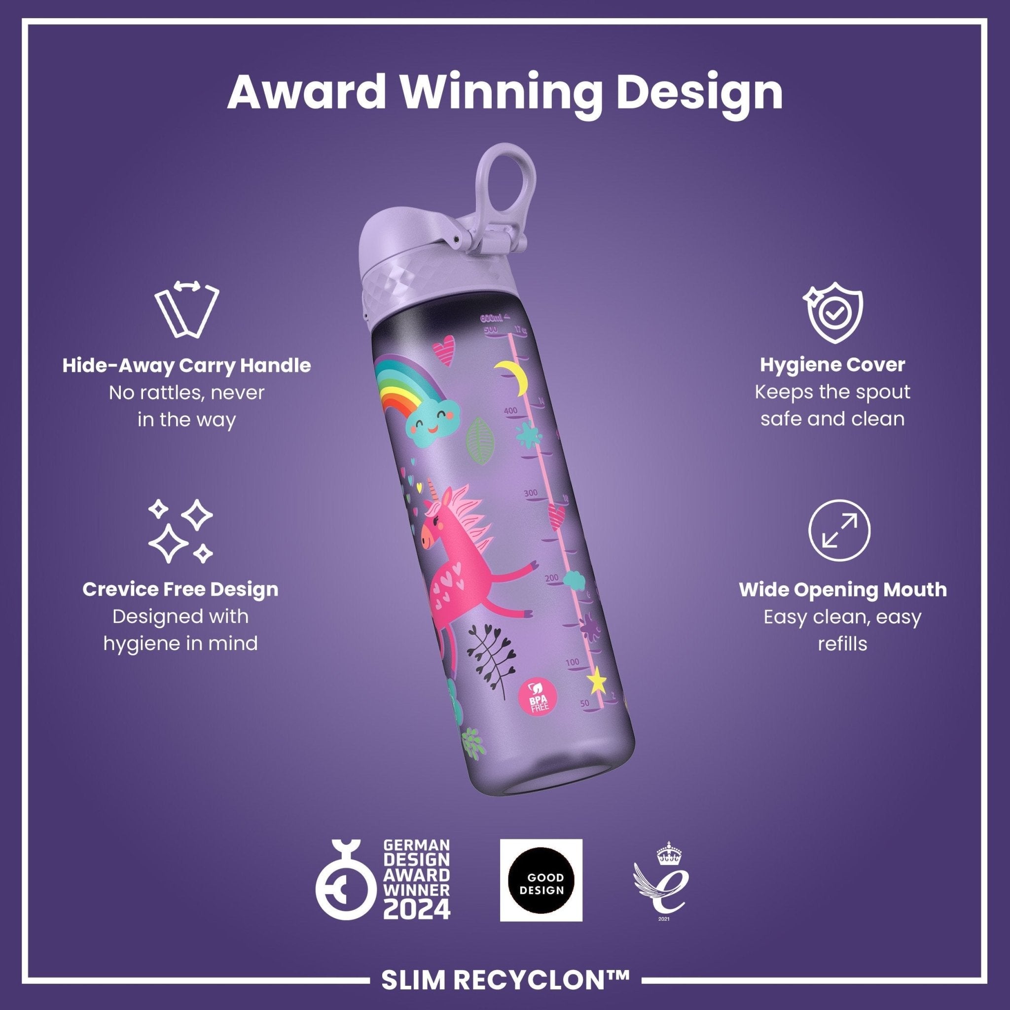 Ion8 leak-proof slim water bottle with purple unicorns design, 500ml (18oz), made of recyclable material, ideal for on-the-go hydration.