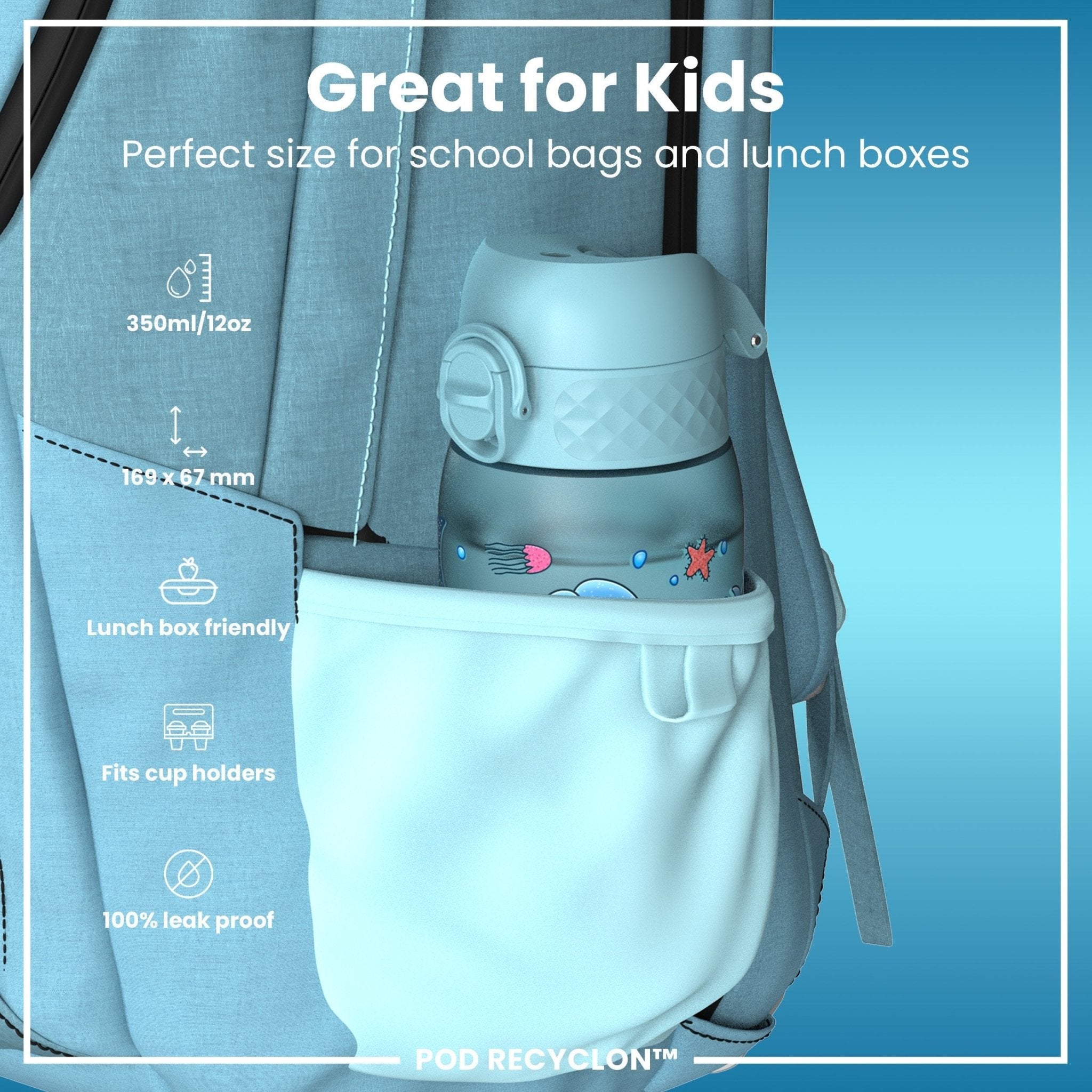 Recyclon kids water bottle by ION8, blue with unicorn design, leak-proof 350ml (12oz) reusable water bottle for children.
