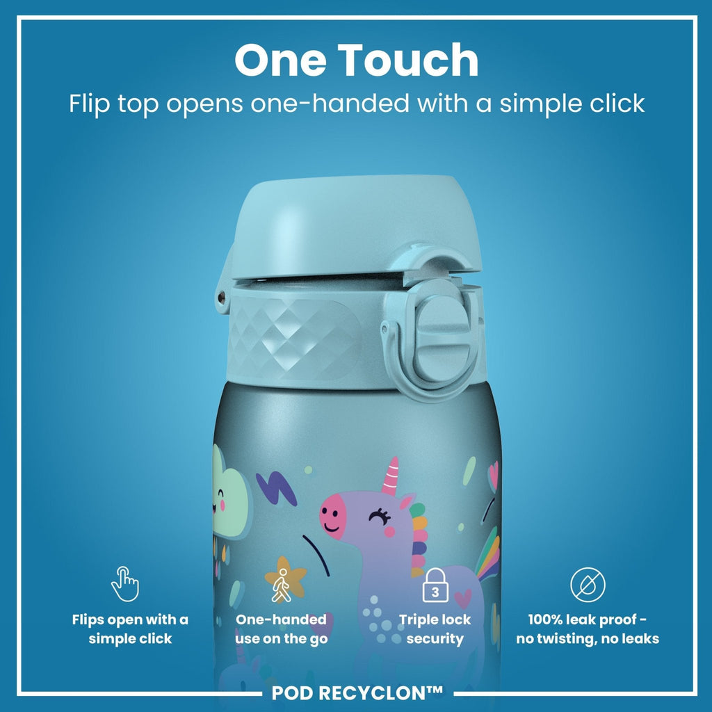 ION8 Recyclon leak-proof kids water bottle with blue unicorns, 350ml (12oz), featuring a durable design and playful unicorn print.
