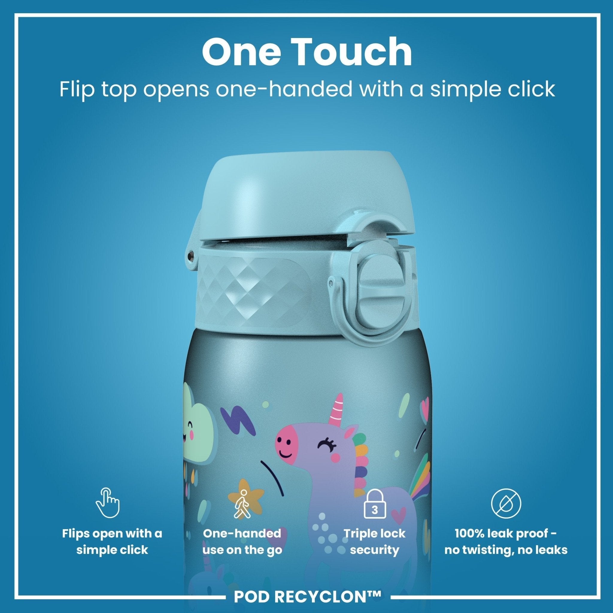 ION8 Recyclon leak-proof kids water bottle with blue unicorns, 350ml (12oz), featuring a durable design and playful unicorn print.