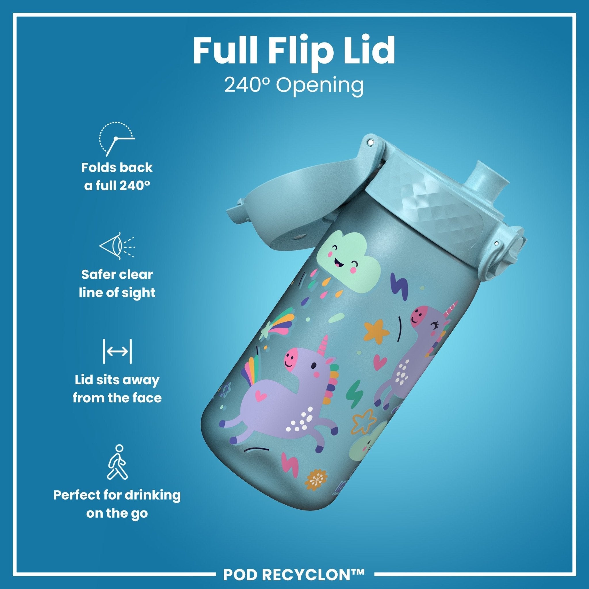 Ion8 Leak Proof Kids Water Bottle with blue unicorns design, 350ml Recyclon water bottle for children