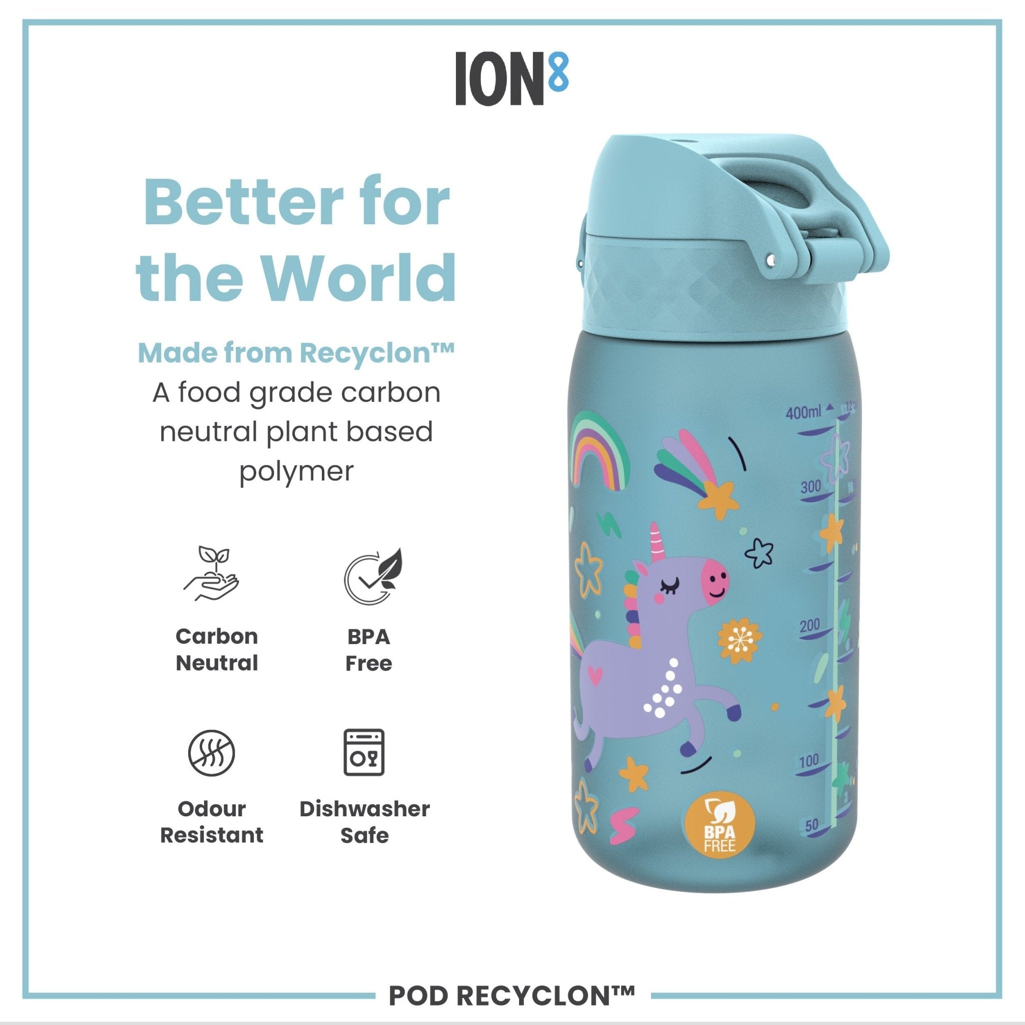 Blue unicorns leak-proof kids water bottle by ION8, 350ml Recyclon water bottle with secure cap and colorful unicorn design.