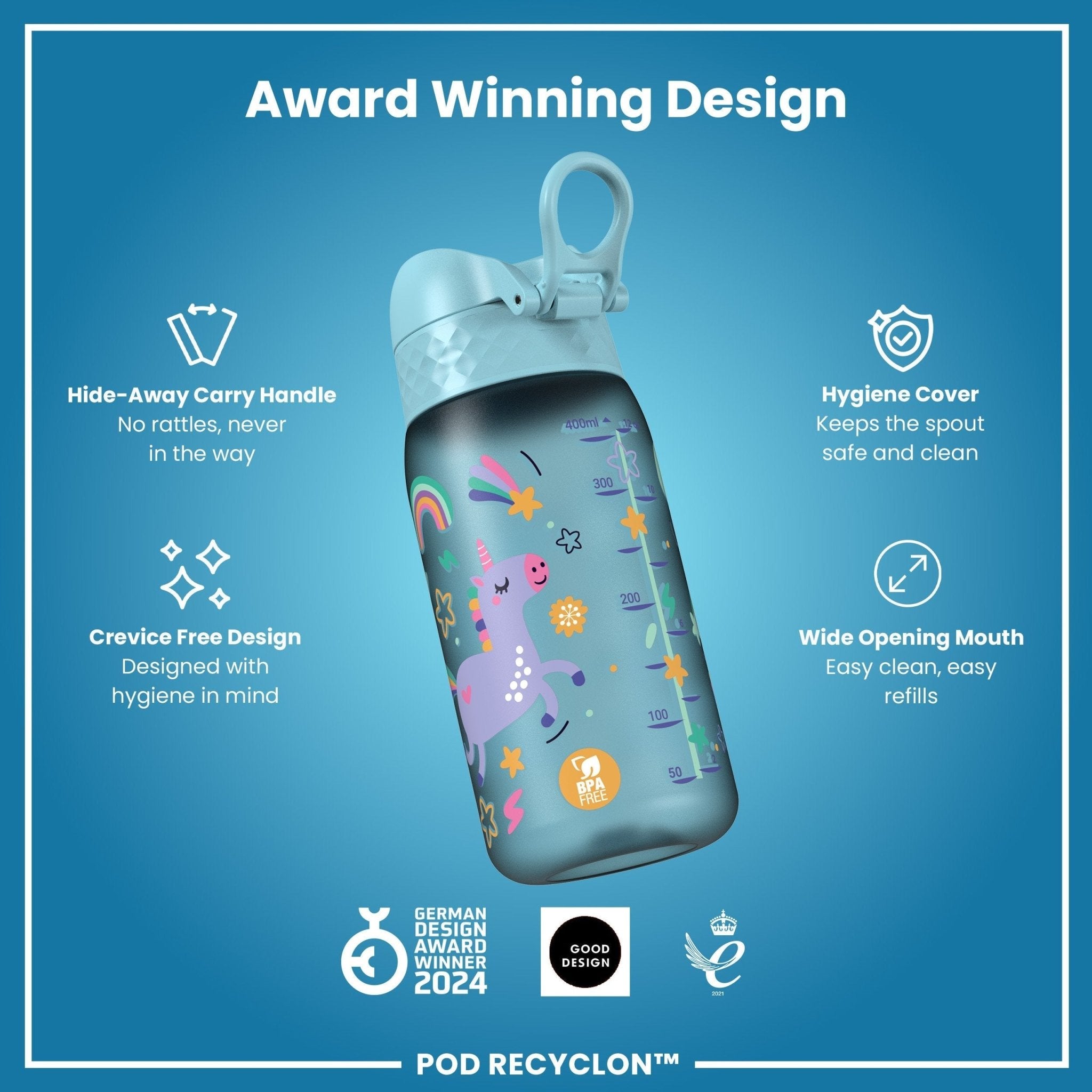 ION8 Recyclon leak-proof kids water bottle with blue unicorns, 350ml, durable design for children’s hydration.