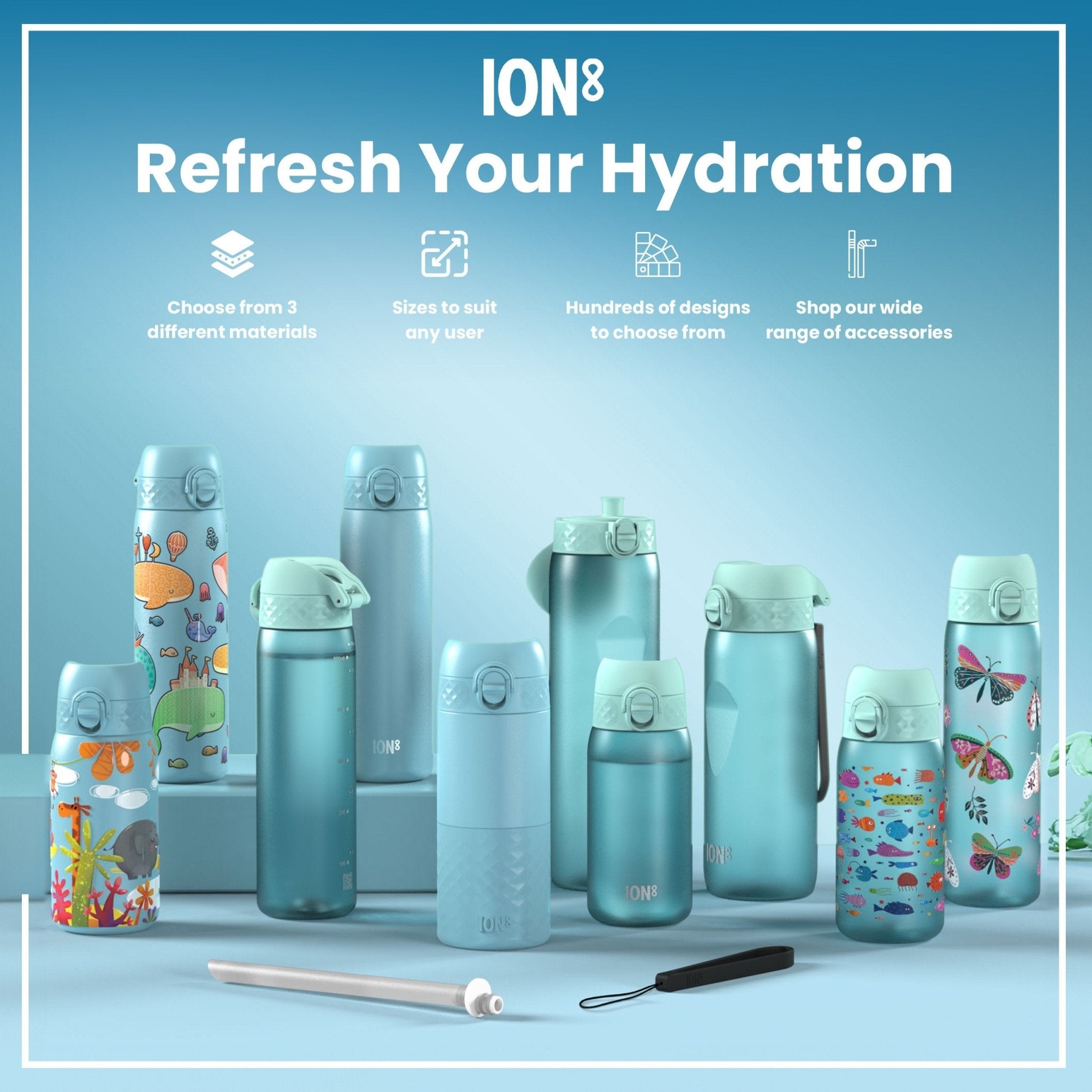Ion8 Recyclon leak-proof kids water bottle with blue unicorns, 350ml (12oz), designed for children, durable and easy to carry.