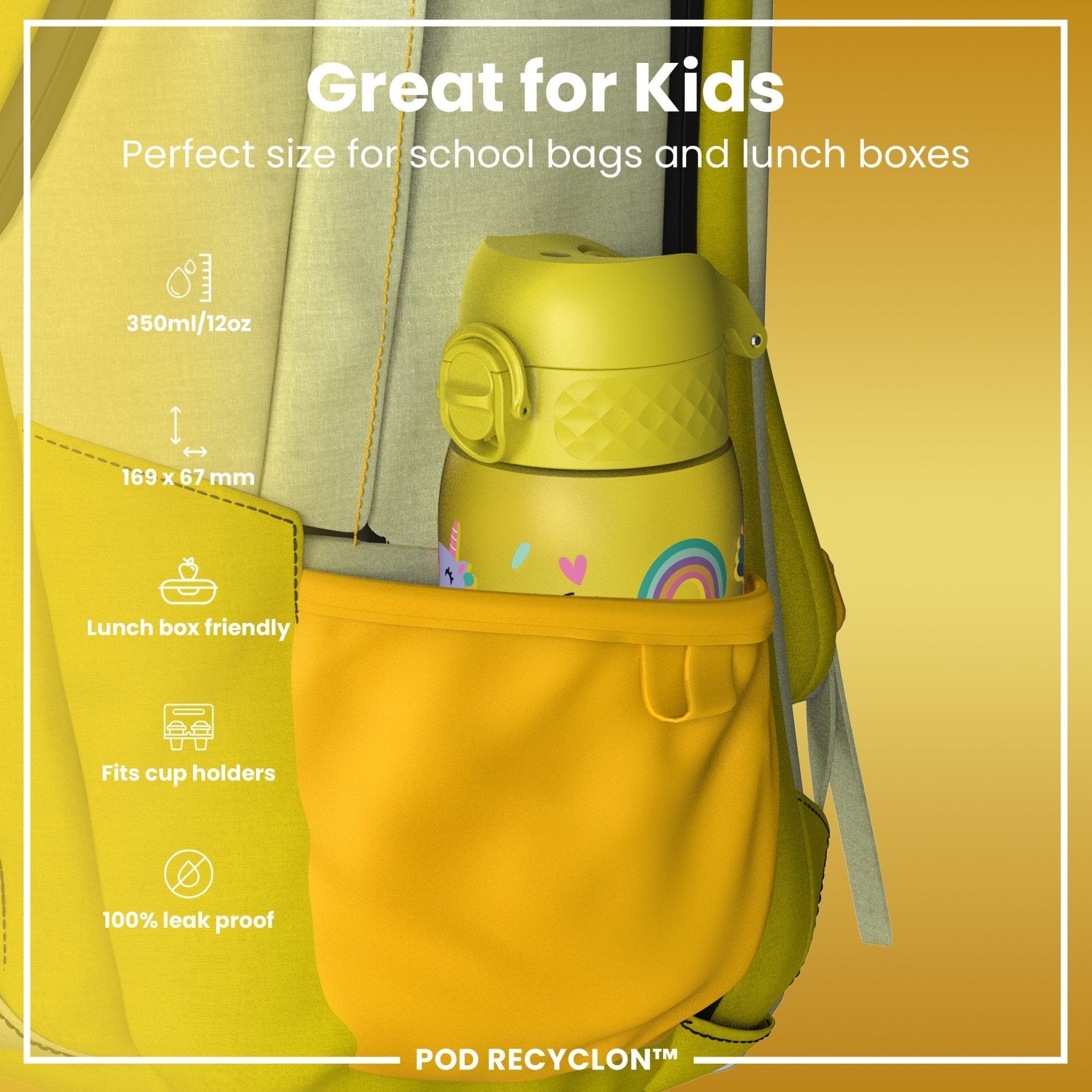 Ion8 Recyclon leak-proof kids water bottle with yellow unicorns design, 350ml capacity, made for children.