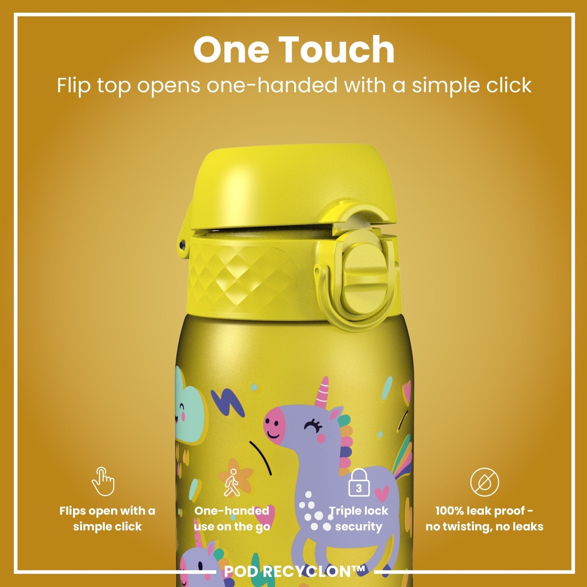 Ion8 Recyclon leak-proof kids water bottle with yellow unicorn design, 350ml capacity, made from recyclable materials.