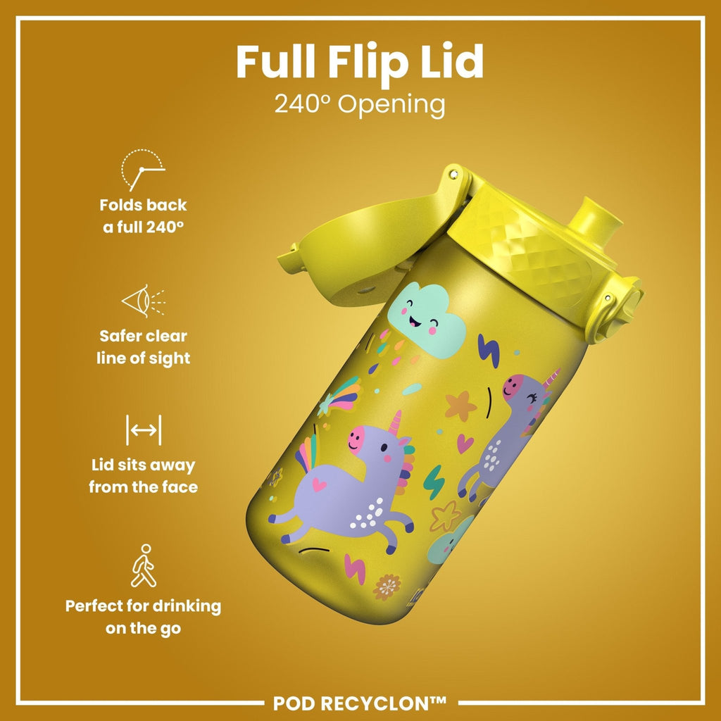 ION8 Recyclon leak-proof kids water bottle with yellow unicorn design, 350ml capacity, made for children.