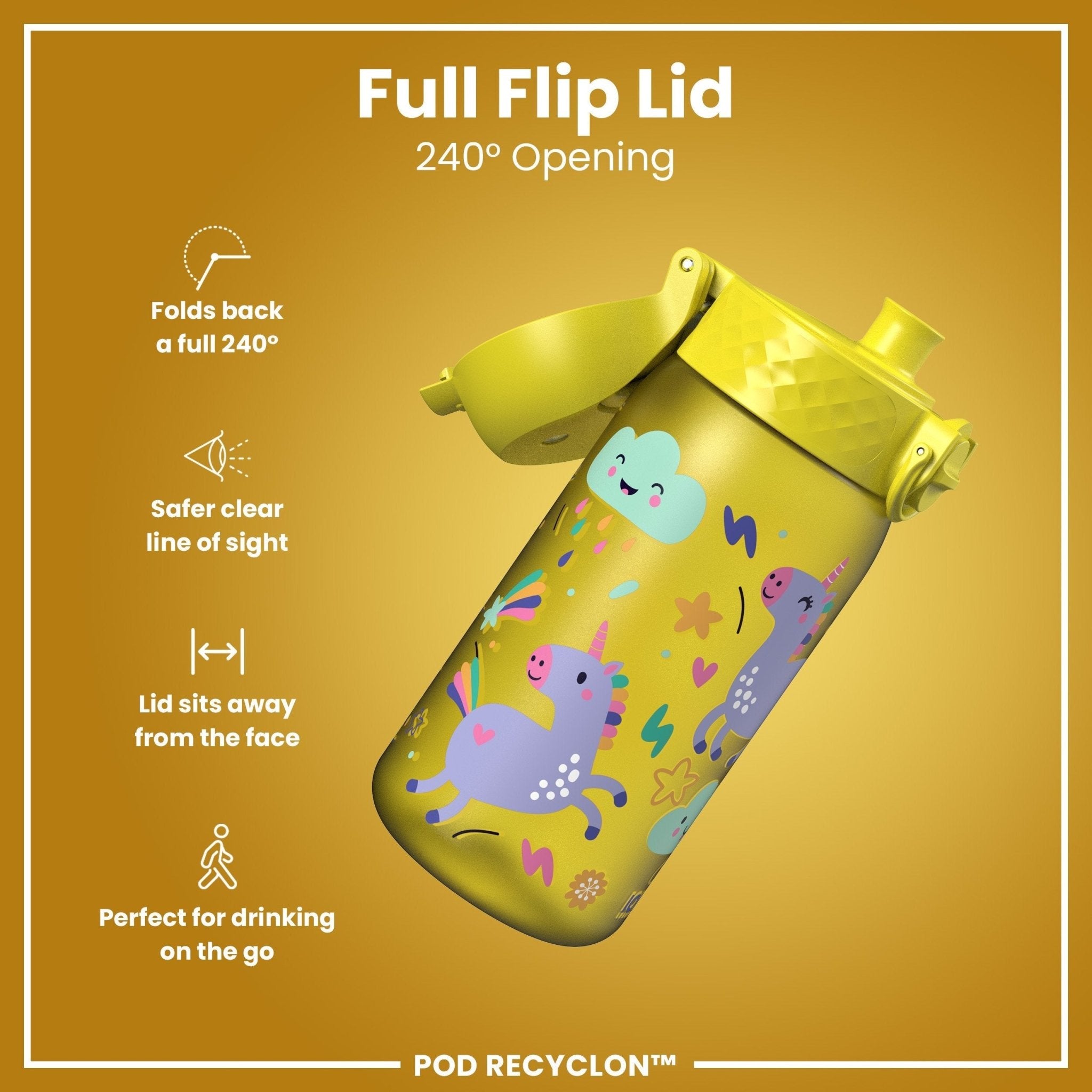 ION8 Recyclon leak-proof kids water bottle with yellow unicorn design, 350ml capacity, made for children.