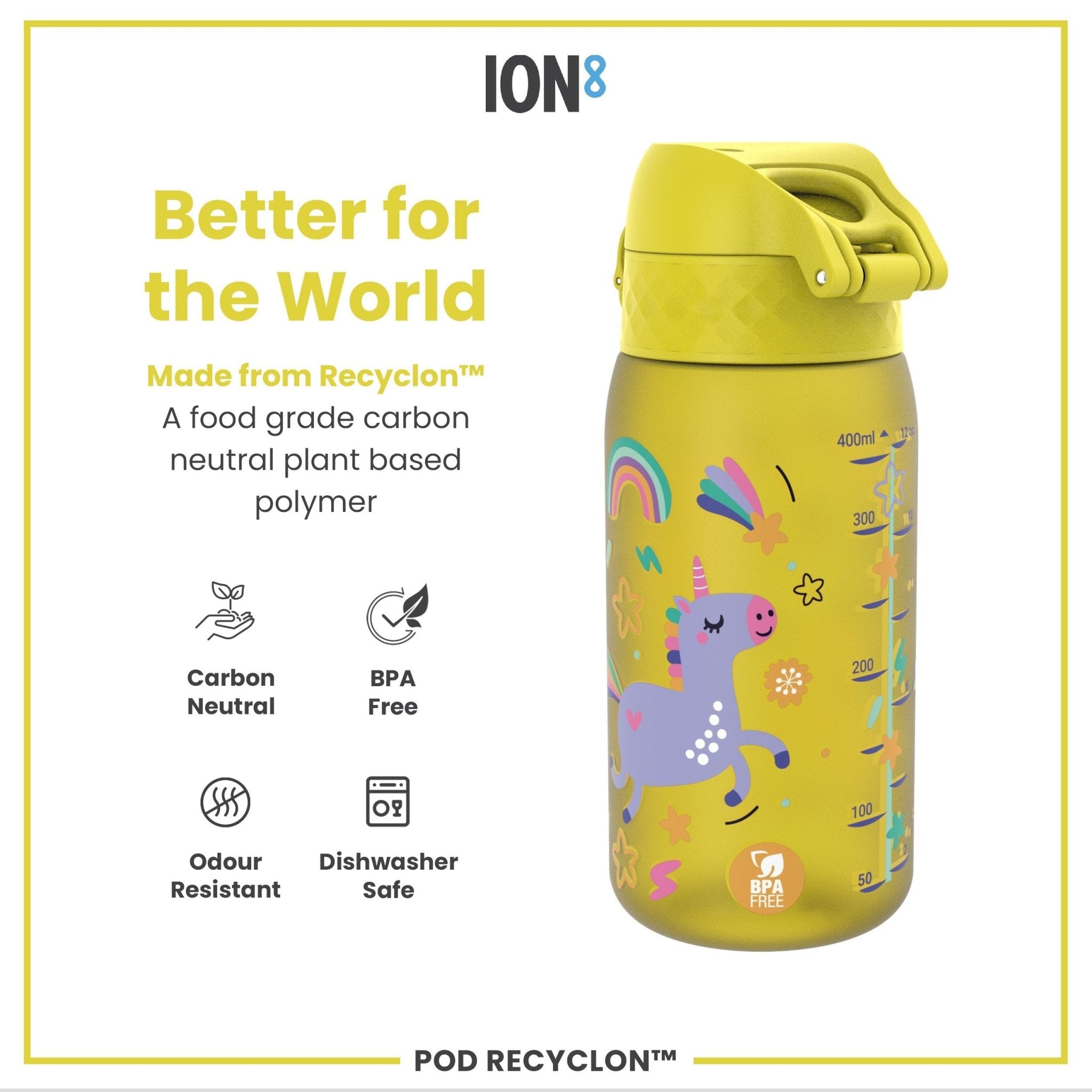 ION8 Recyclon leak-proof kids water bottle with yellow unicorns, 350ml (12oz), made from recyclable materials, suitable for children.