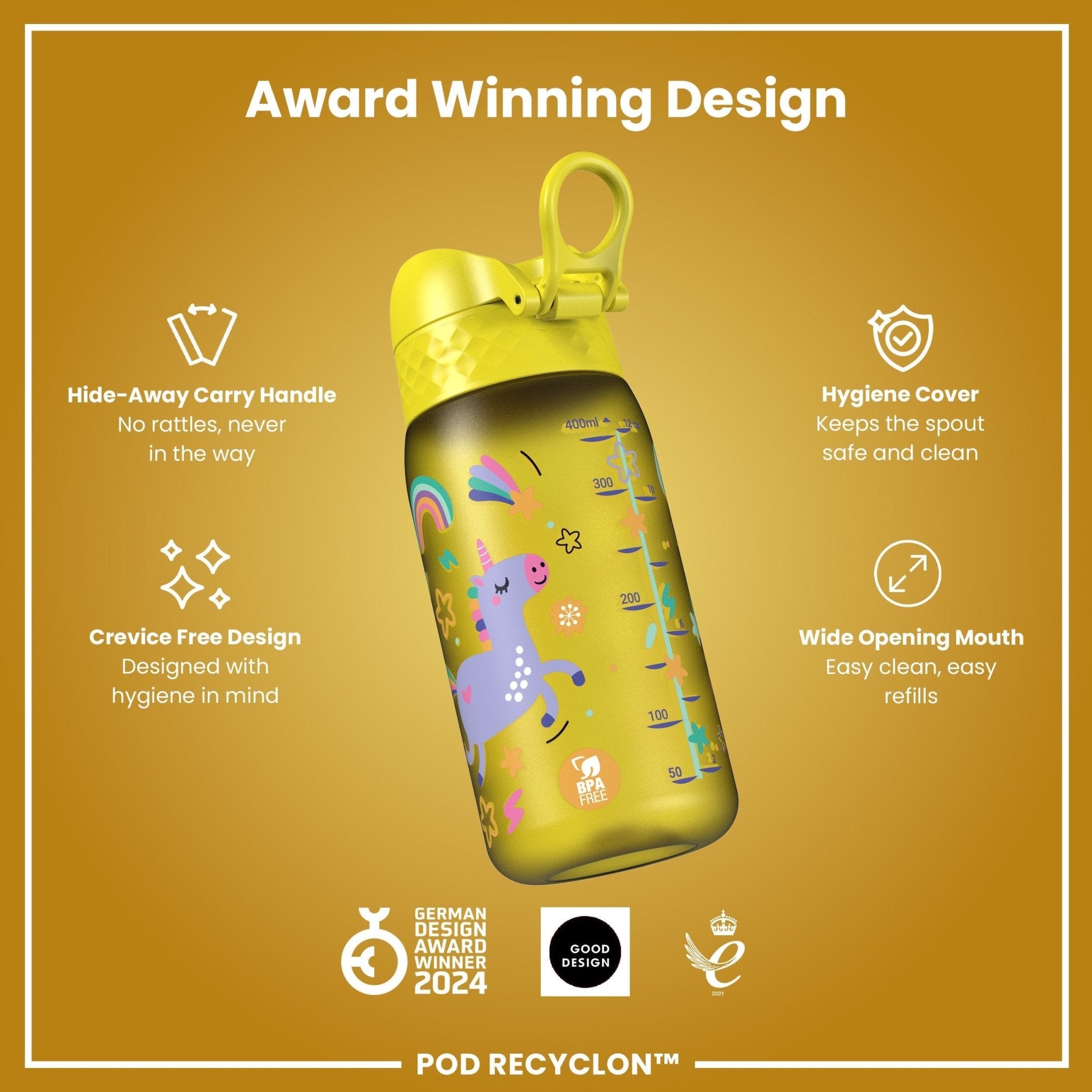 Ion8 Leak Proof Kids Water Bottle with yellow unicorns, 350ml recyclable Recyclon water bottle, durable and child-friendly design.