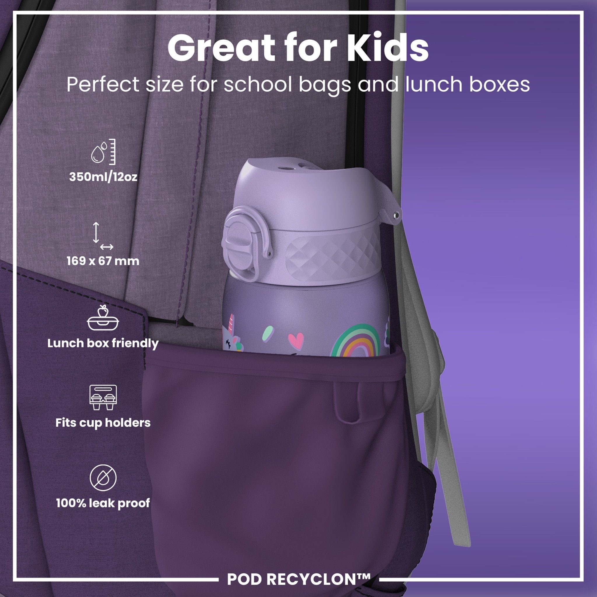 ION8 Recyclon leak-proof kids water bottle with purple unicorns, 350ml, durable and eco-friendly design, suitable for children