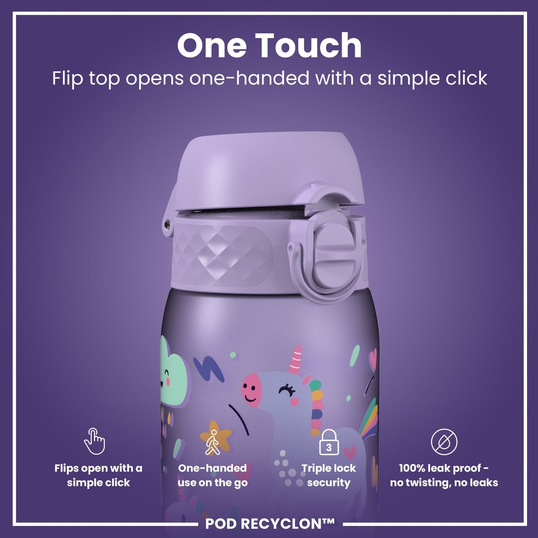 ION8 Recyclon leak-proof kids water bottle with purple unicorns, 350ml capacity, made of recyclable materials.