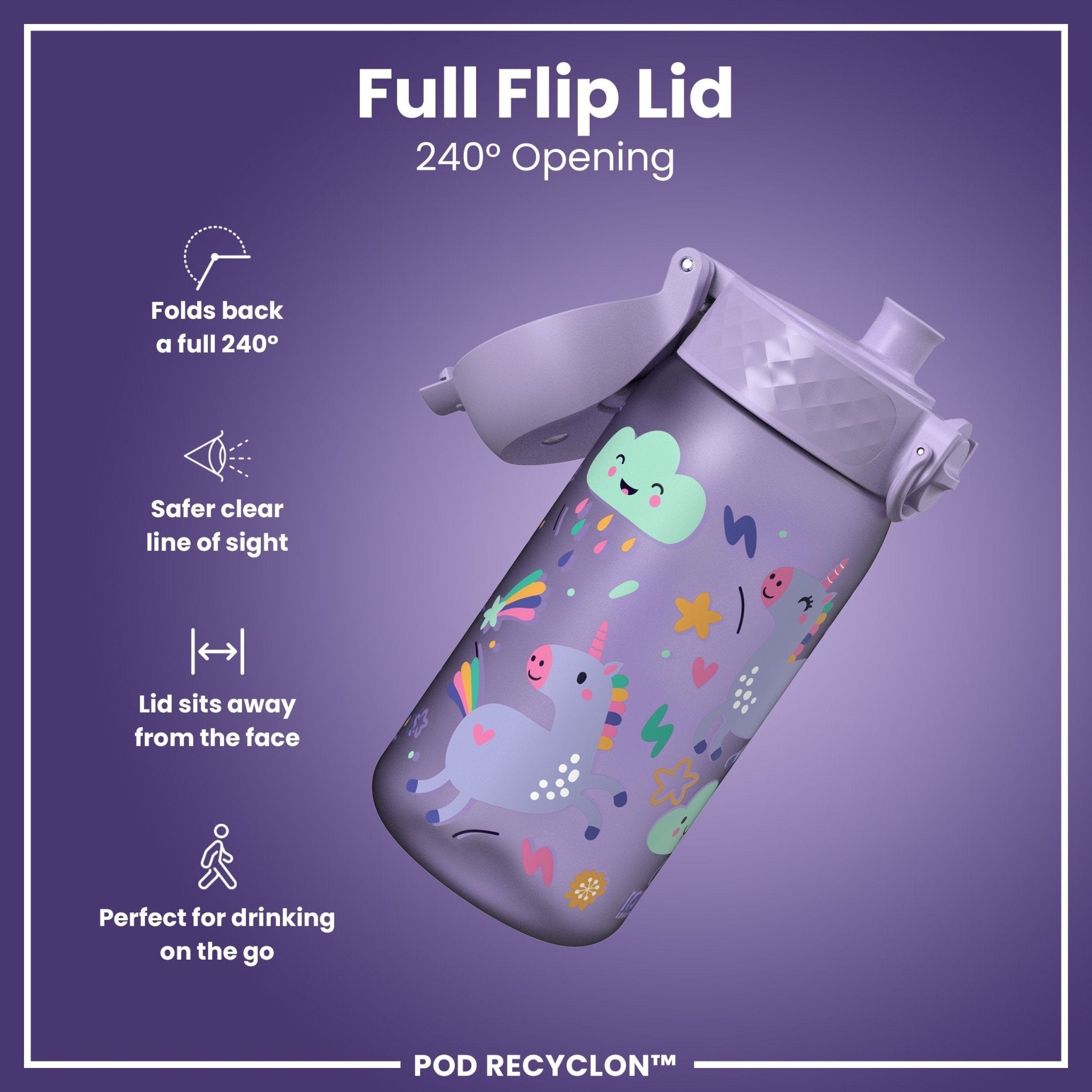 Recyclon Kids water bottle by ION8 with purple unicorns, leak-proof design, 350ml capacity, suitable for children.