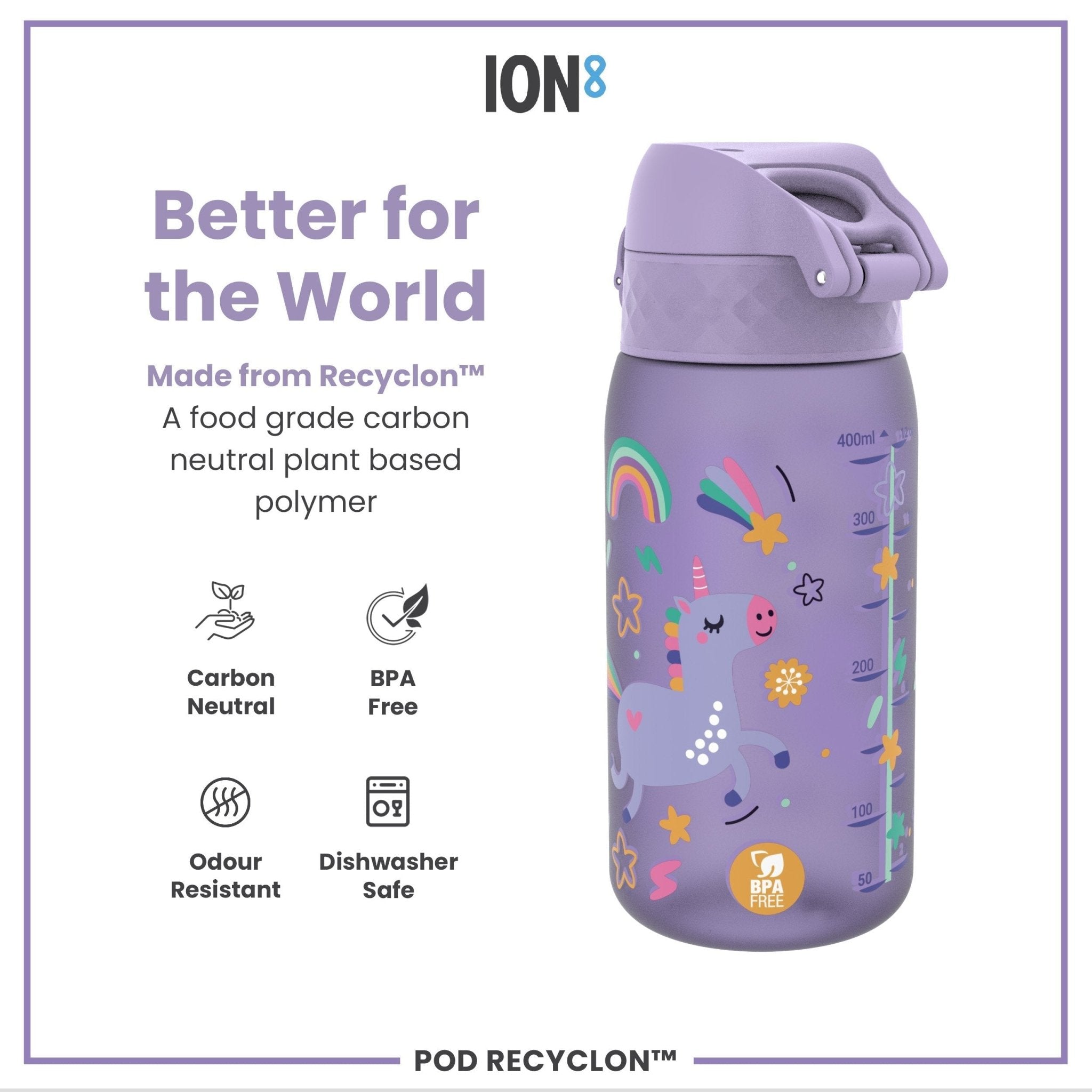 Recyclon ION8 leak-proof kids water bottle with purple unicorns, 350ml (12oz), featuring a secure lid and colorful design.
