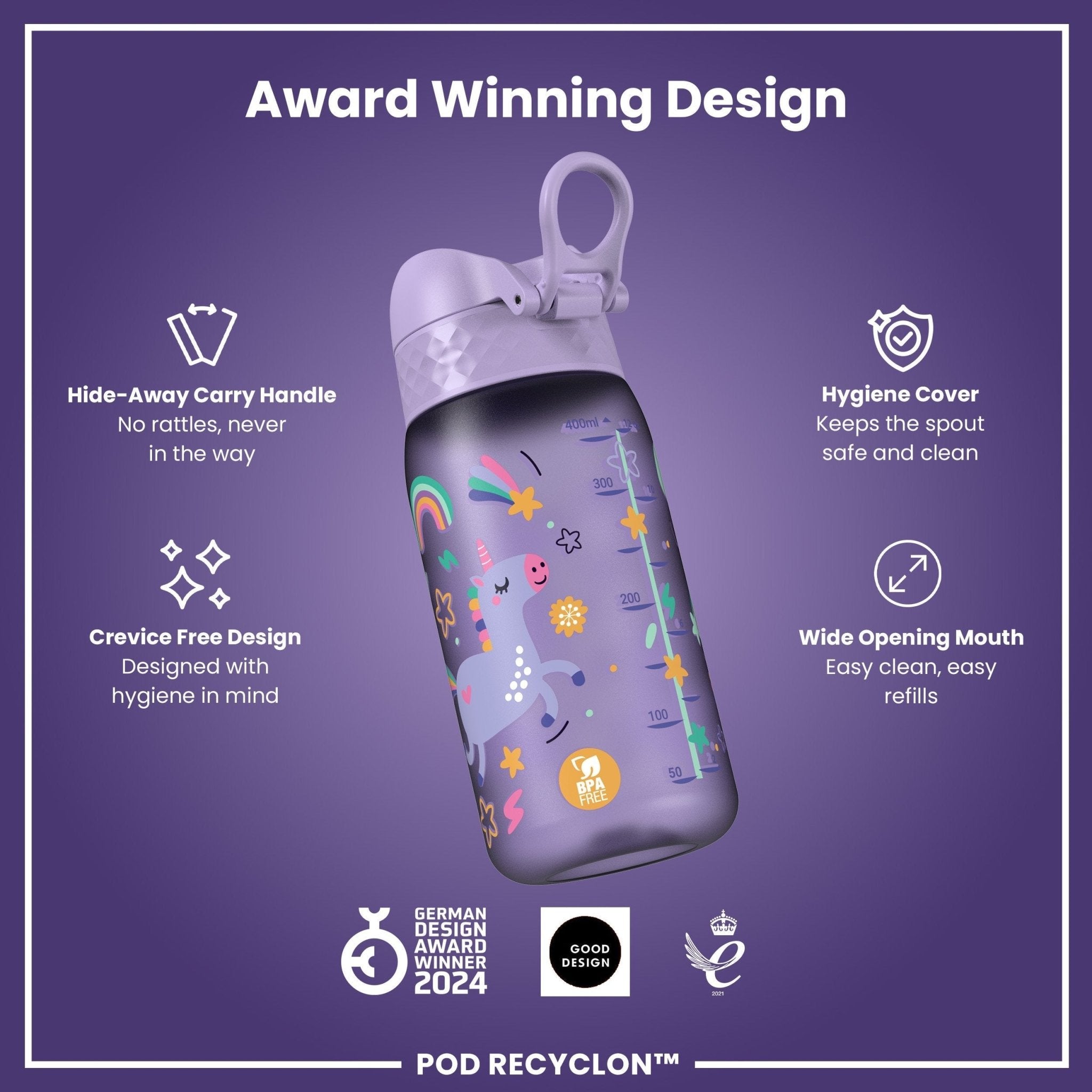 Recyclon kids water bottle by ION8 in purple with unicorn design, leak-proof 350ml (12oz) reusable water bottle for children.