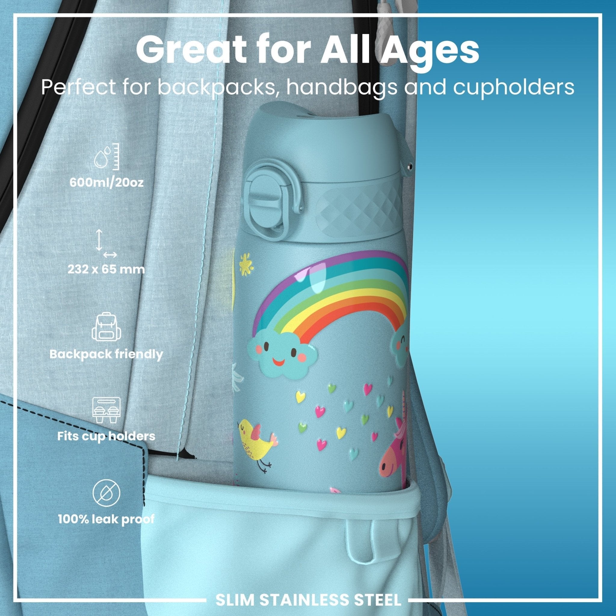 Ion8 leak-proof stainless steel water bottle with blue unicorns design, 600ml (20oz) slim water bottle for daily hydration.