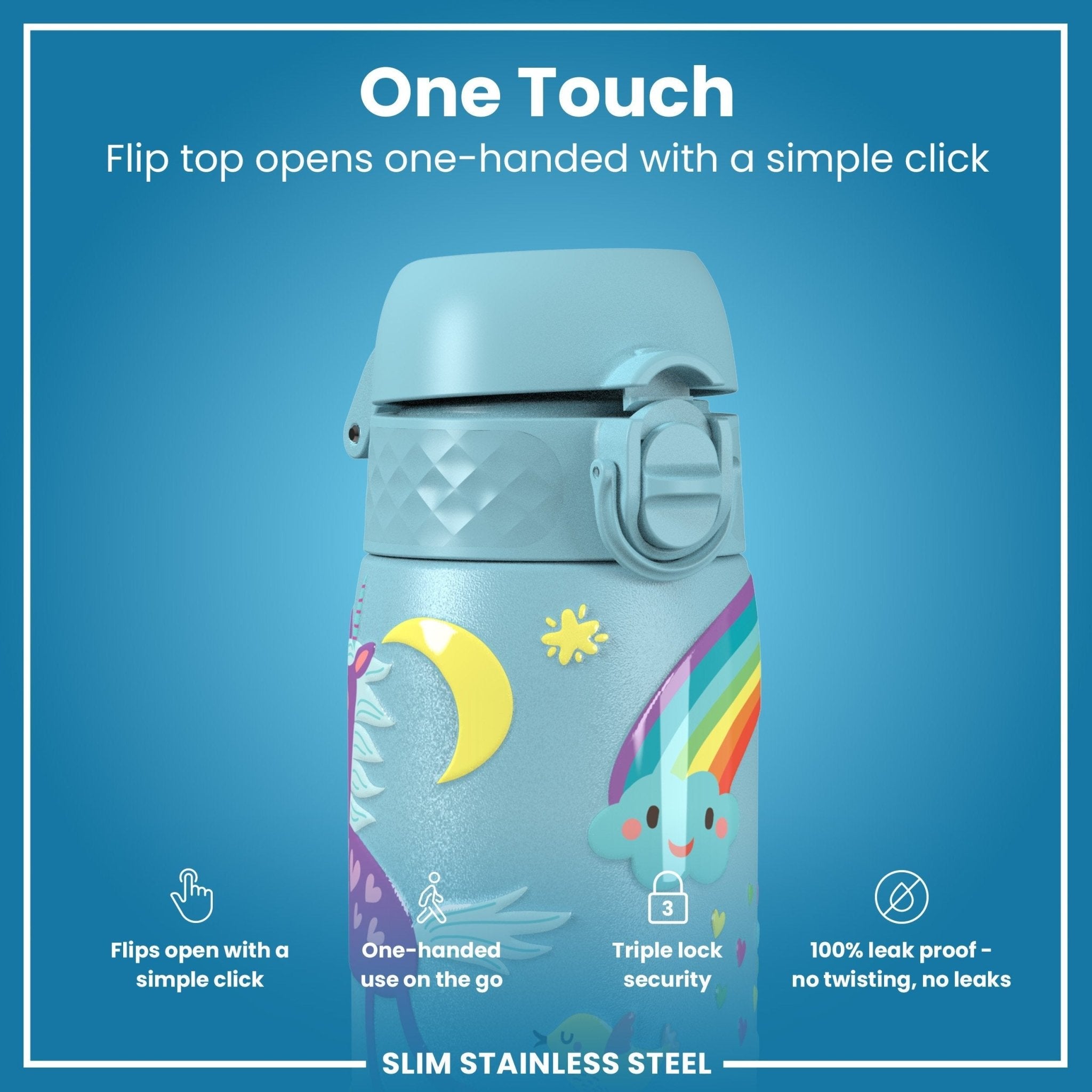 Blue stainless steel leak-proof water bottle with unicorn design, 600ml capacity, by ION8, perfect for staying hydrated.