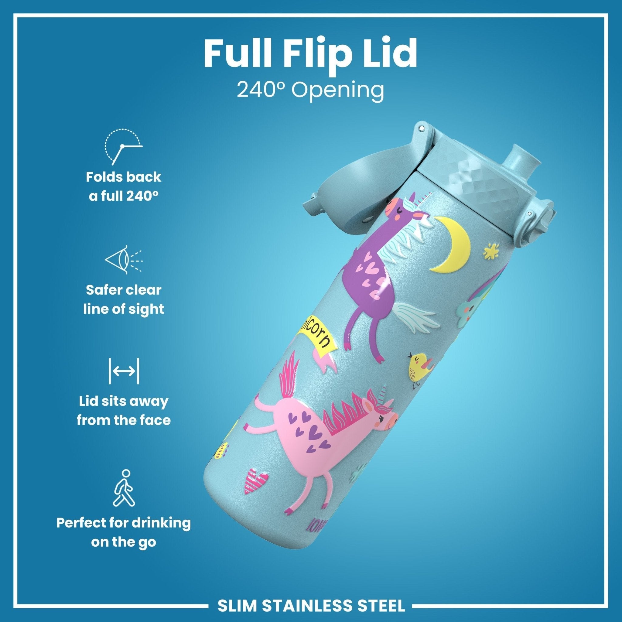 Ion8 stainless steel leak-proof water bottle with blue unicorn design, 600ml capacity, slim and durable for everyday use.