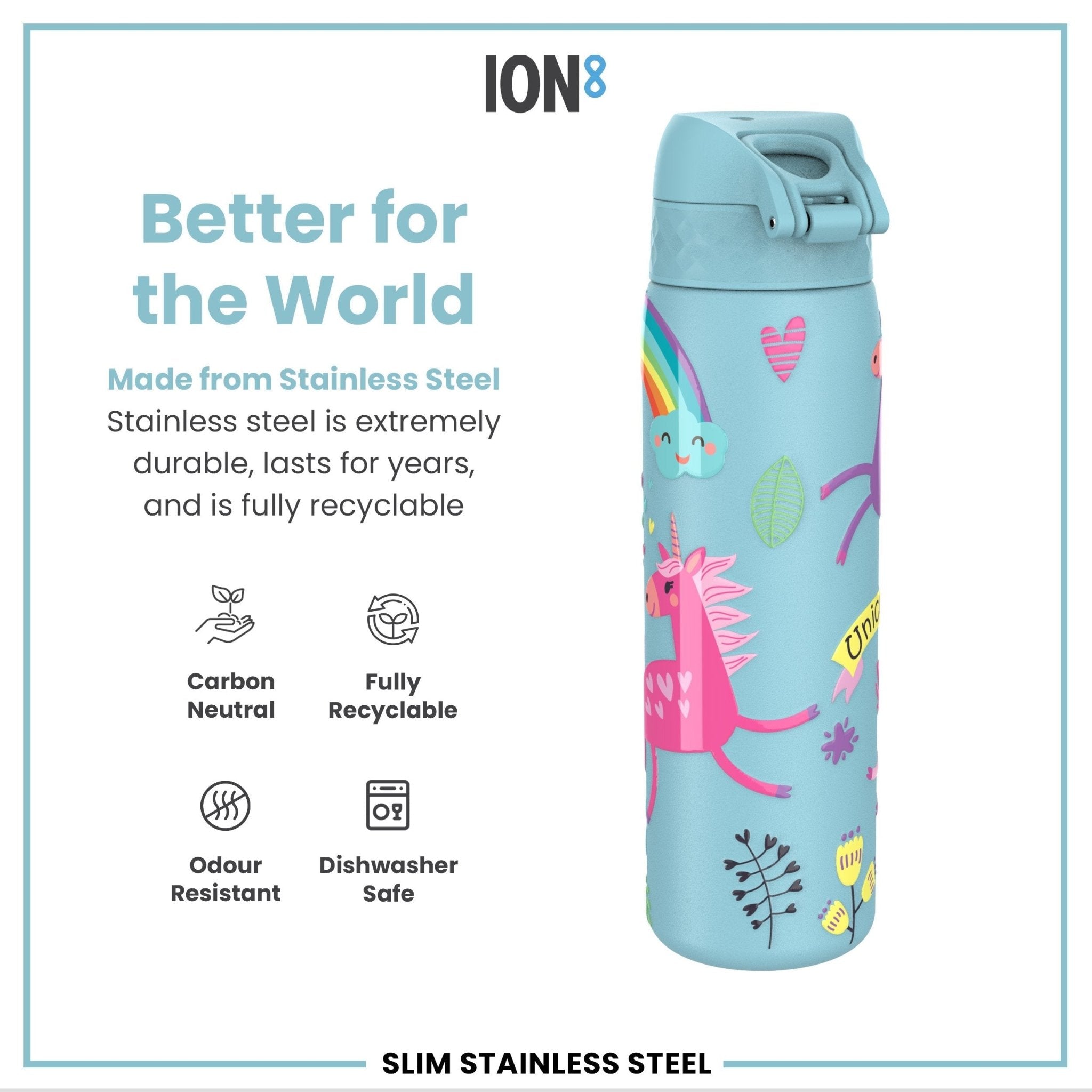 Blue unicorns on stainless steel ION8 leak-proof slim water bottle, 600ml capacity, durable and portable for hydration.