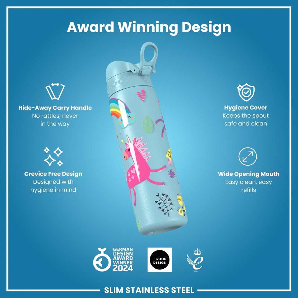 Steel water bottle by ION8 featuring a blue unicorn design, leak-proof, 600ml capacity, slim stainless steel water bottle.