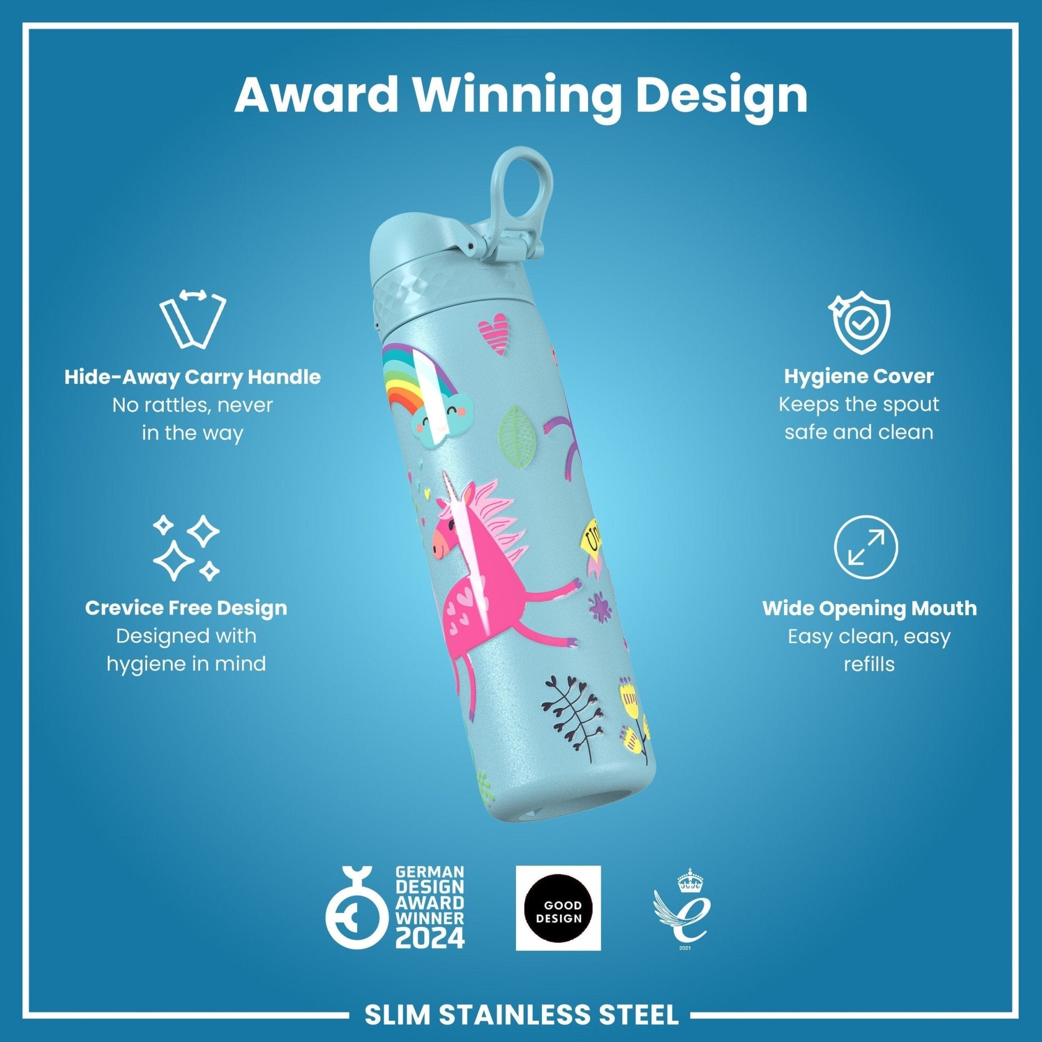 Steel water bottle by ION8 featuring a blue unicorn design, leak-proof, 600ml capacity, slim stainless steel water bottle.