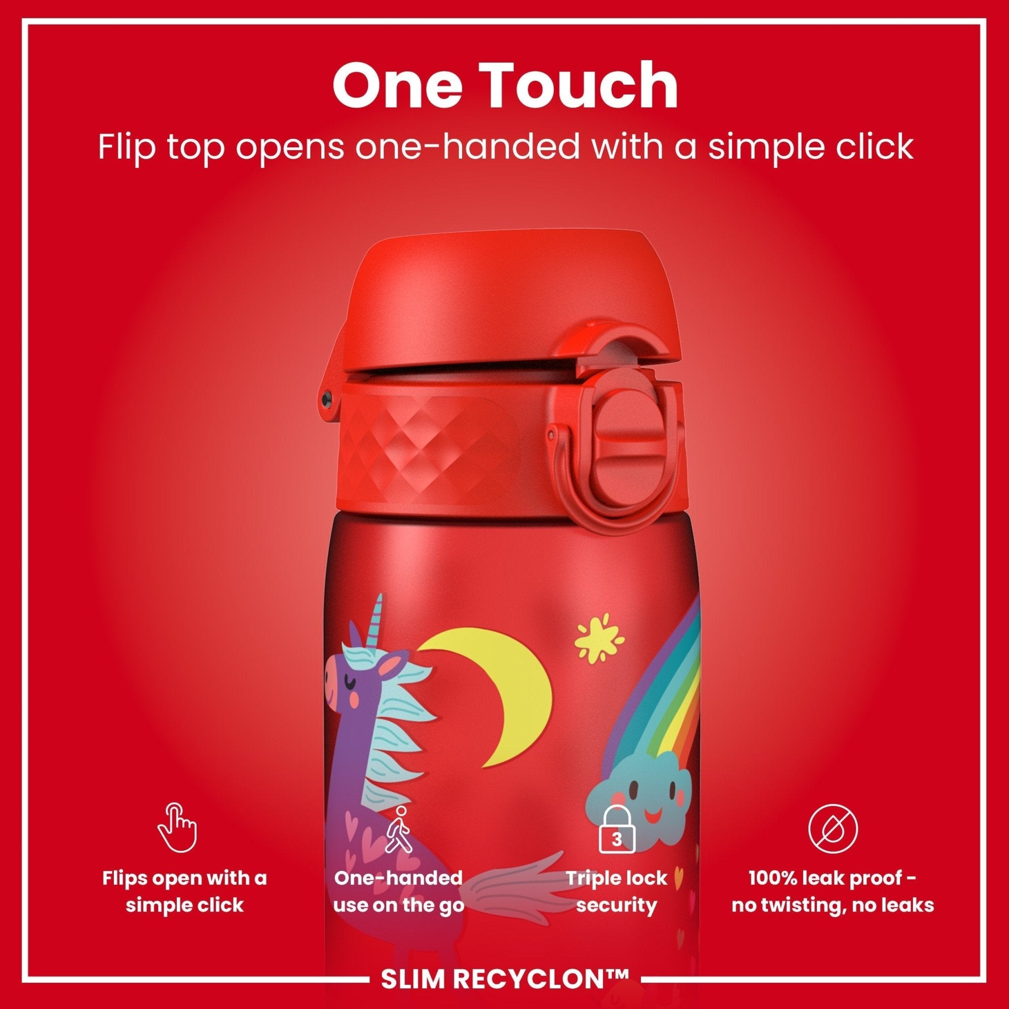 Recyclon leak-proof slim water bottle by ION8 in red with unicorn design, 500ml capacity, made for durable hydration.