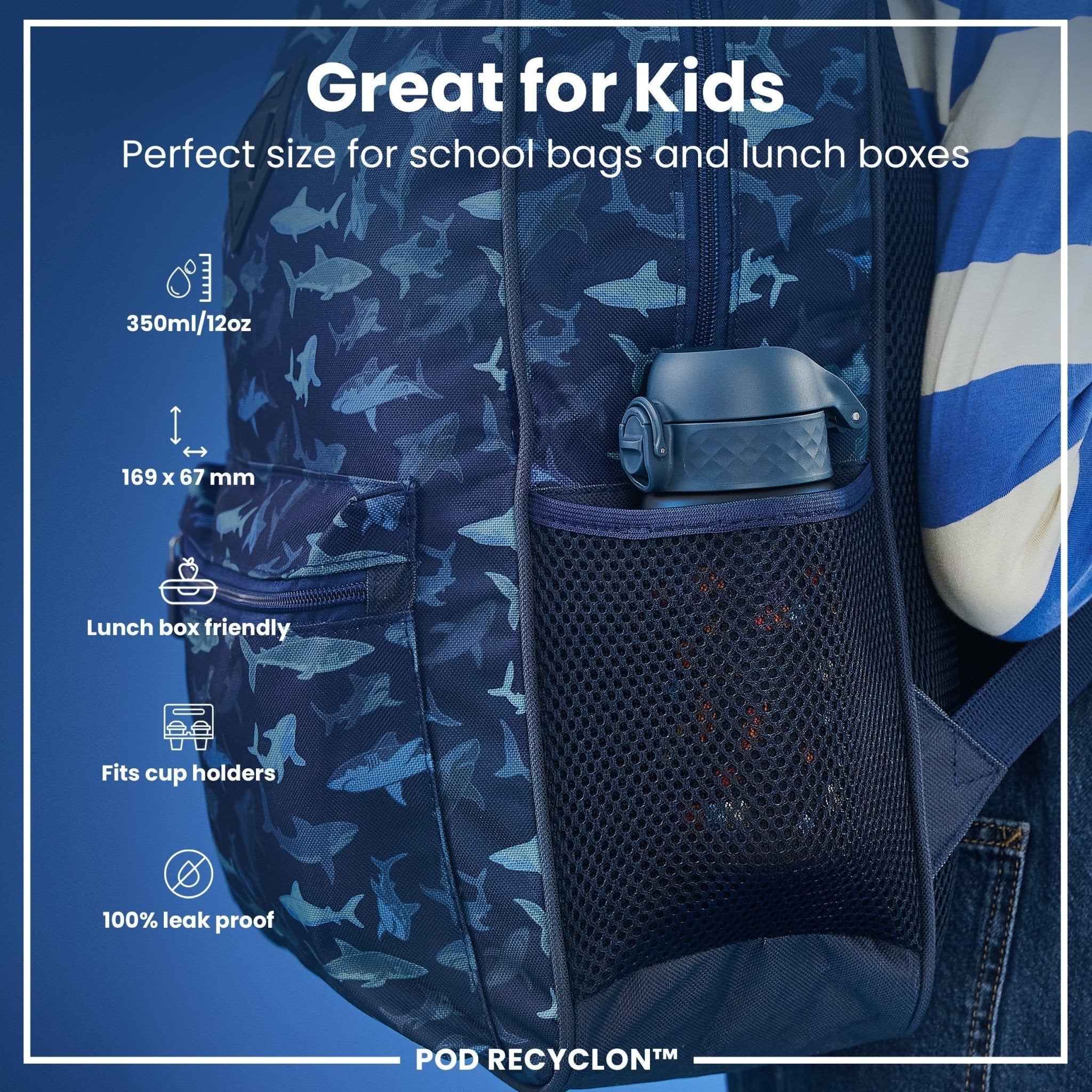 ION8 Recyclon Leak Proof Kids Water Bottle with Gamer design, 350ml reusable water bottle for children.