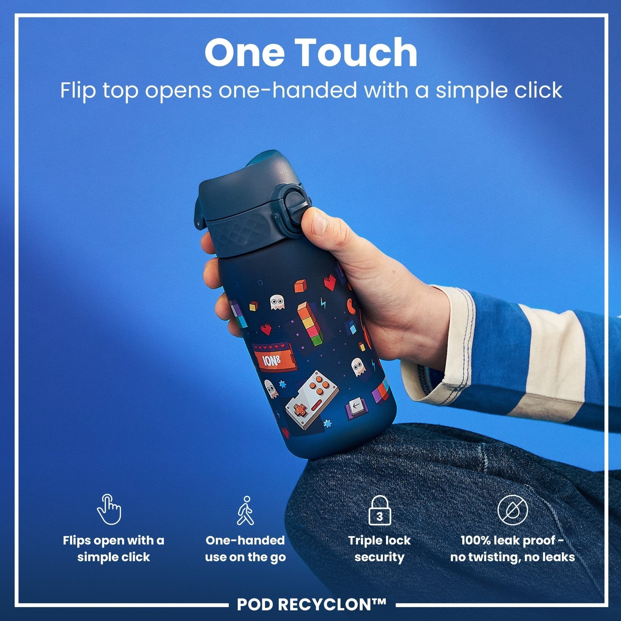 Ion8 Recyclon leak proof kids water bottle with gamer design, 350ml (12oz) reusable water bottle for children