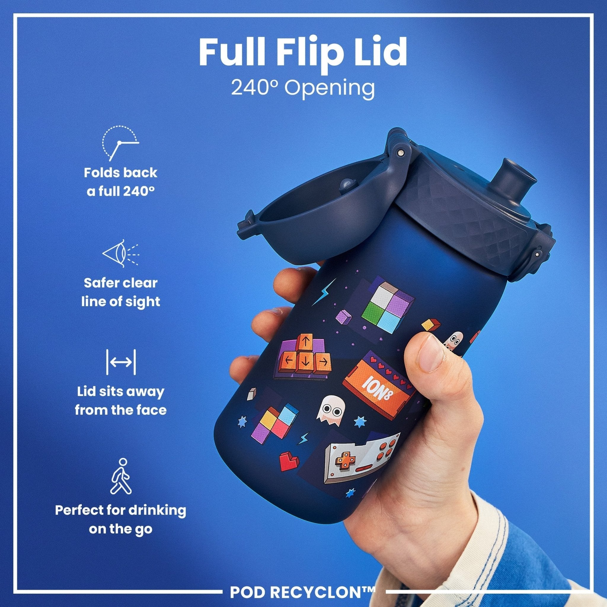 Ion8 Recyclon leak-proof kids water bottle with gamer design, 350ml (12oz), durable and recyclable for children.