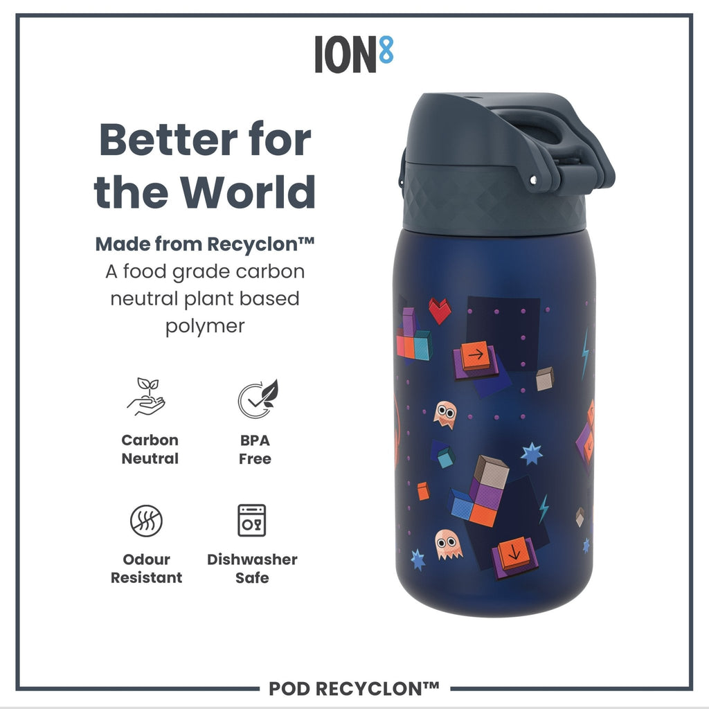 Recyclon leak-proof kids water bottle by ION8, 350ml (12oz) with gamer design, made for easy hydration and durability.