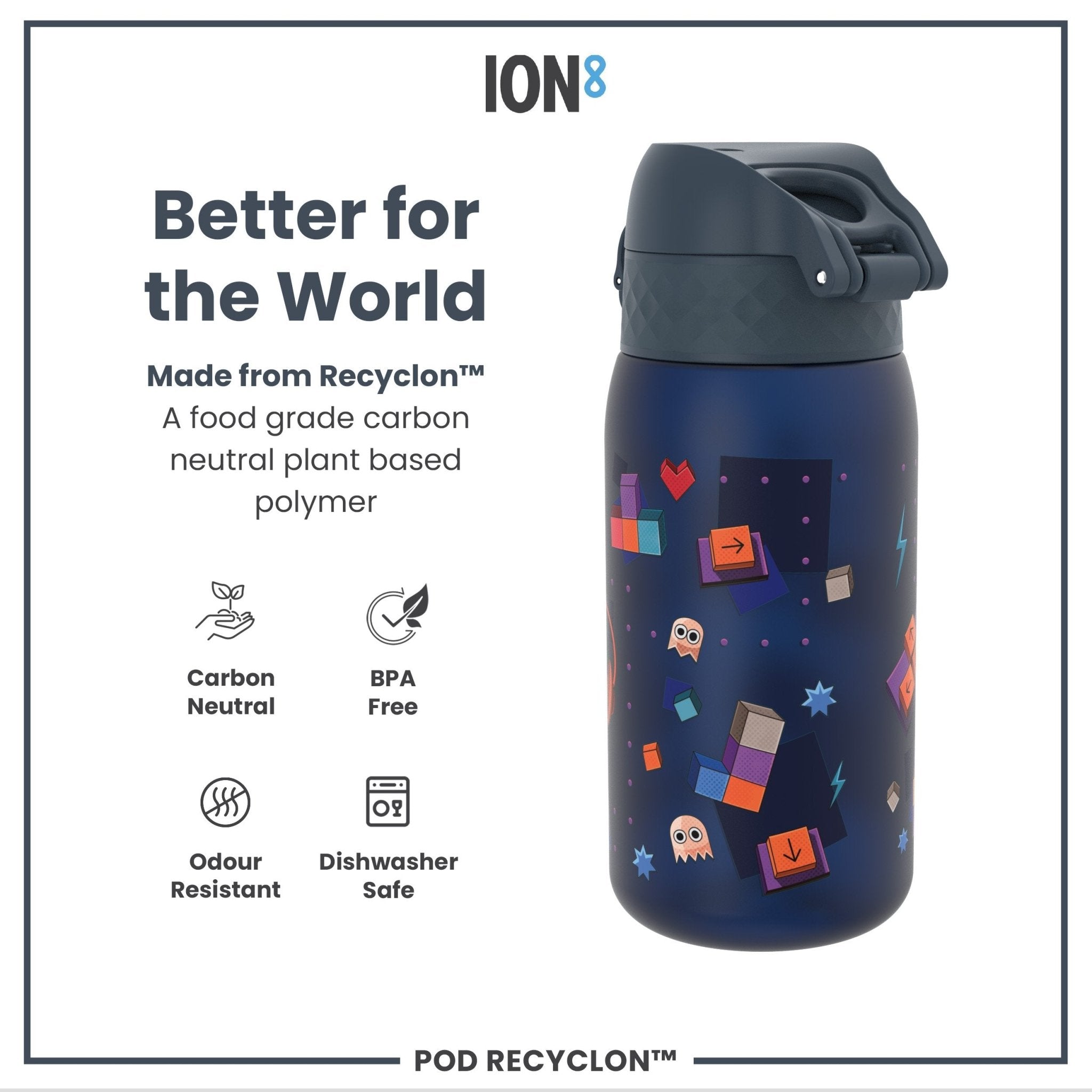Recyclon leak-proof kids water bottle by ION8, 350ml (12oz) with gamer design, made for easy hydration and durability.