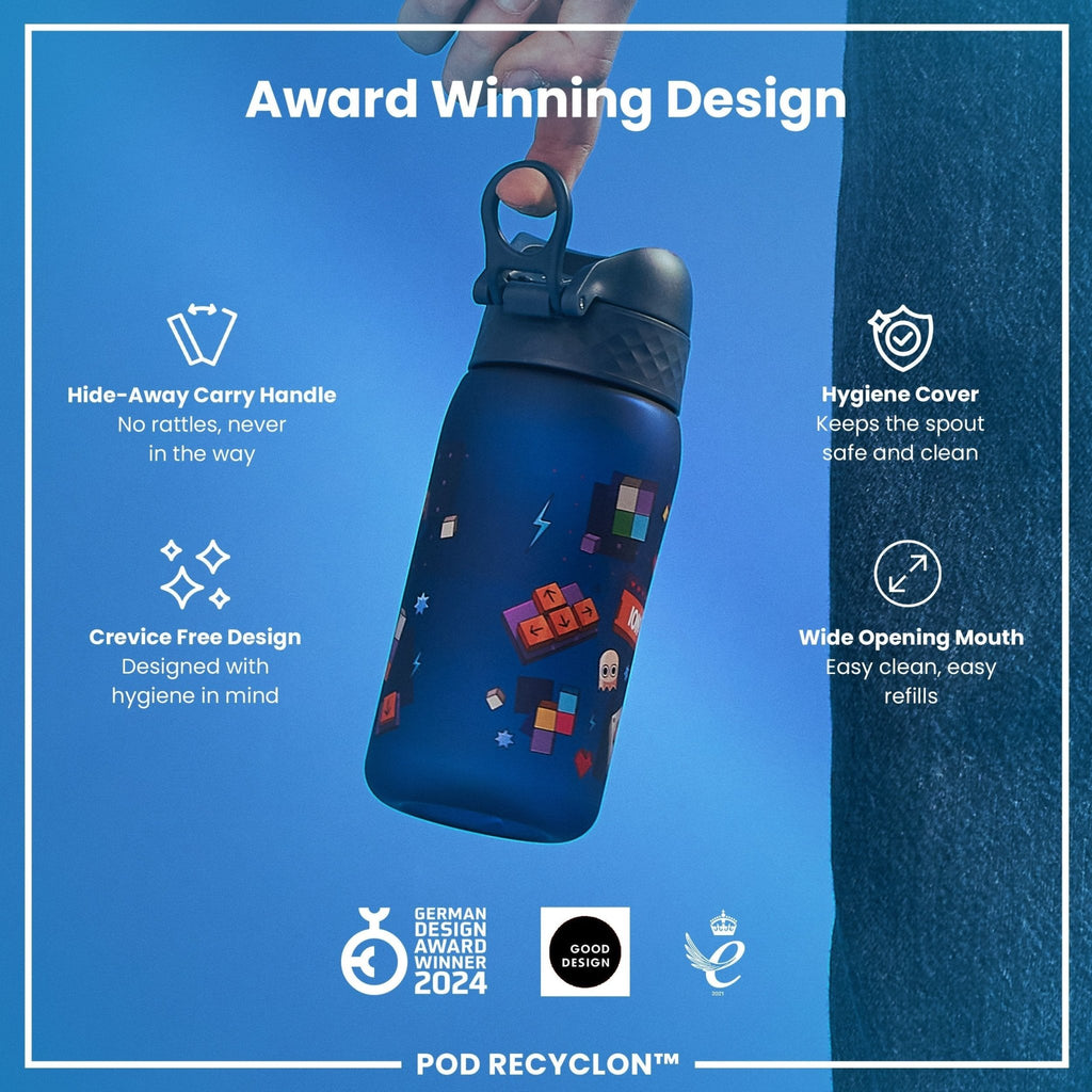 ION8 Recyclon leak-proof kids water bottle with gamer design, 350ml (12oz), featuring secure lid and colorful graphics.