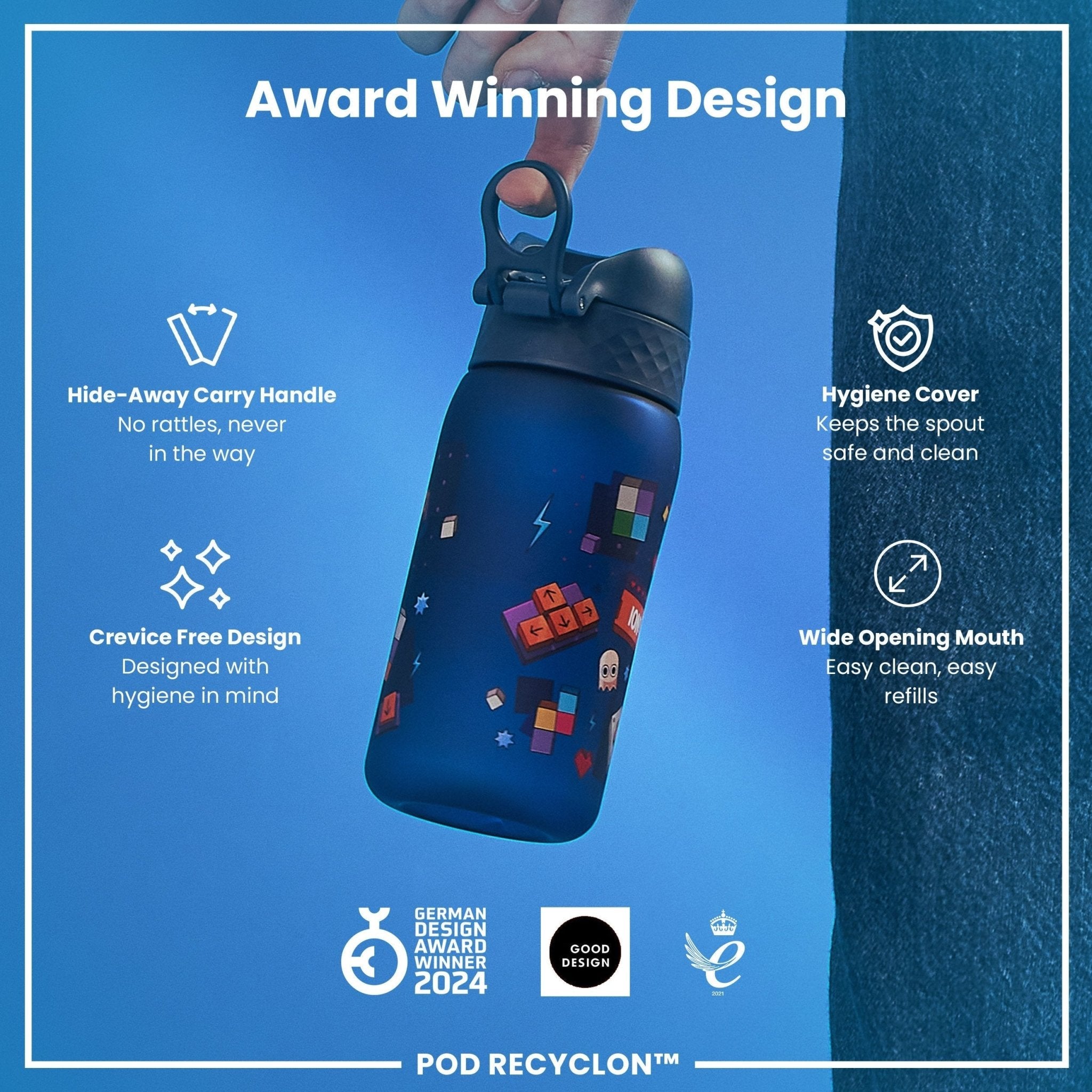 ION8 Recyclon leak-proof kids water bottle with gamer design, 350ml (12oz), featuring secure lid and colorful graphics.