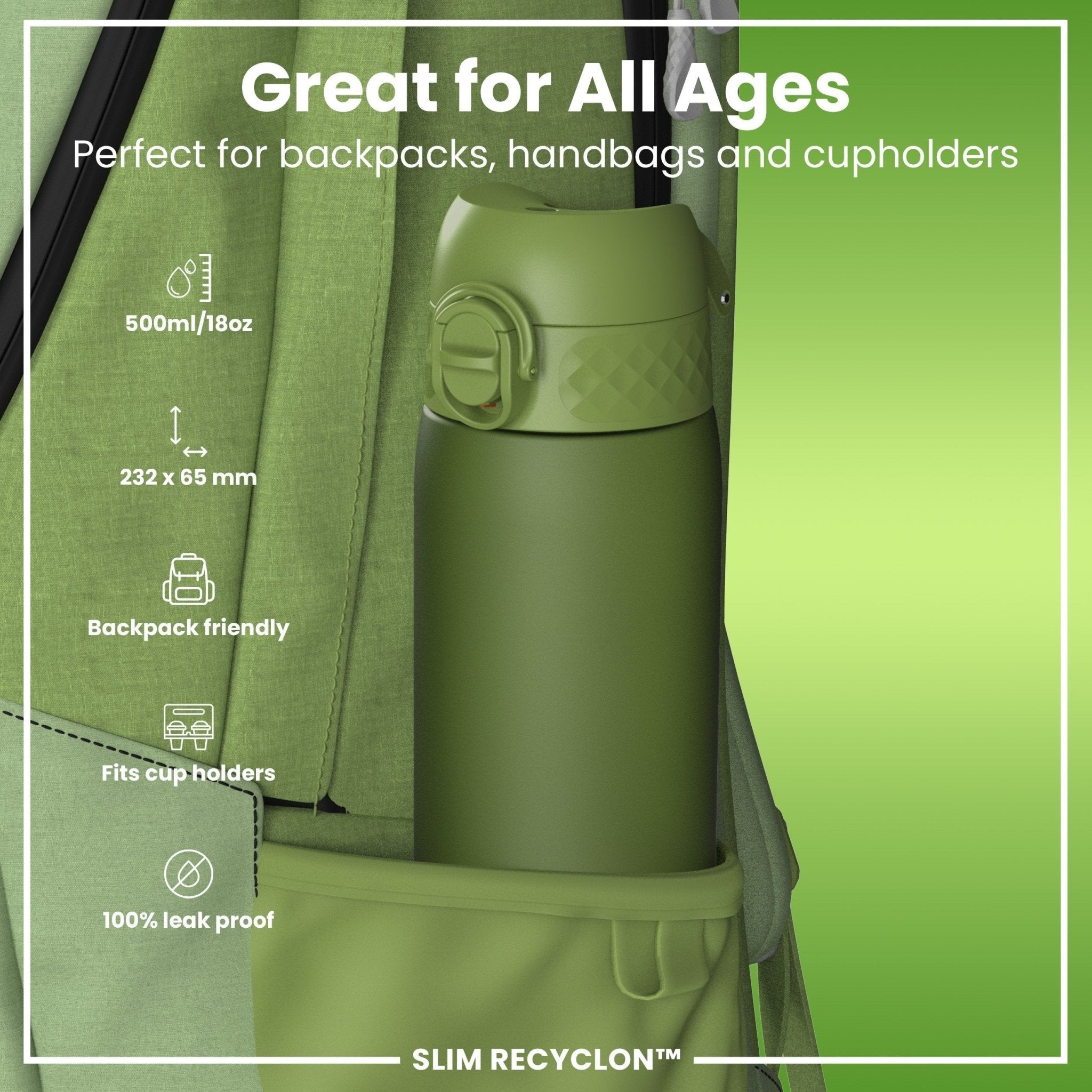 Ion8 leak-proof slim water bottle in khaki green, 500ml (18oz), made of recycled materials, with a secure lid and sleek design.