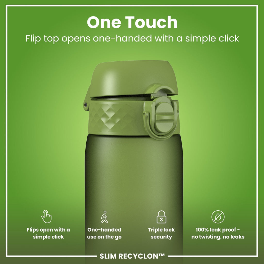 Ion8 leak-proof slim water bottle in khaki green, 500ml (18oz), made by Recyclon, shown with a sleek, compact design.