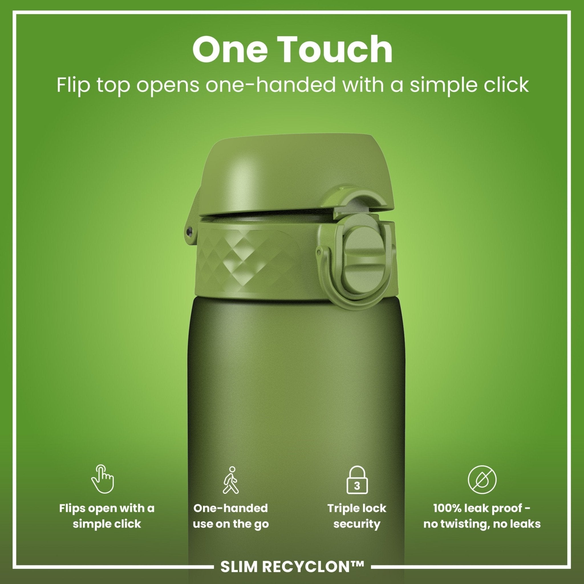 Ion8 leak-proof slim water bottle in khaki green, 500ml (18oz), made by Recyclon, shown with a sleek, compact design.