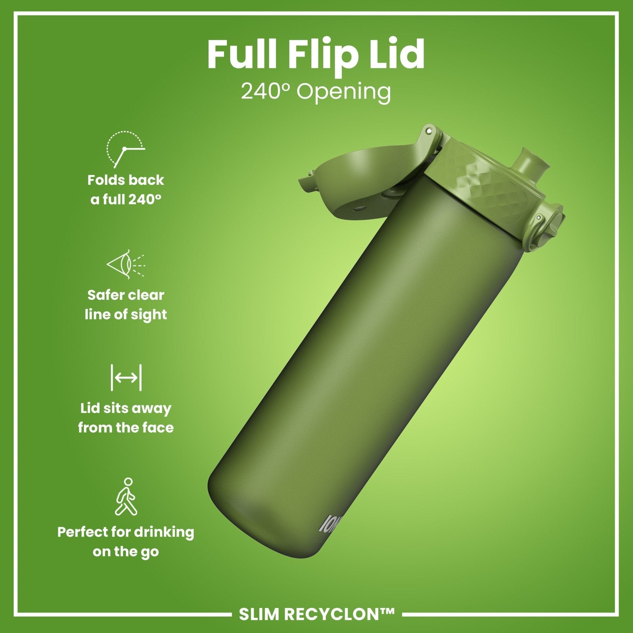 Recyclon Leak Proof Slim Water Bottle by ION8 in khaki green, 500ml (18oz), showing the sleek, reusable design and secure cap.