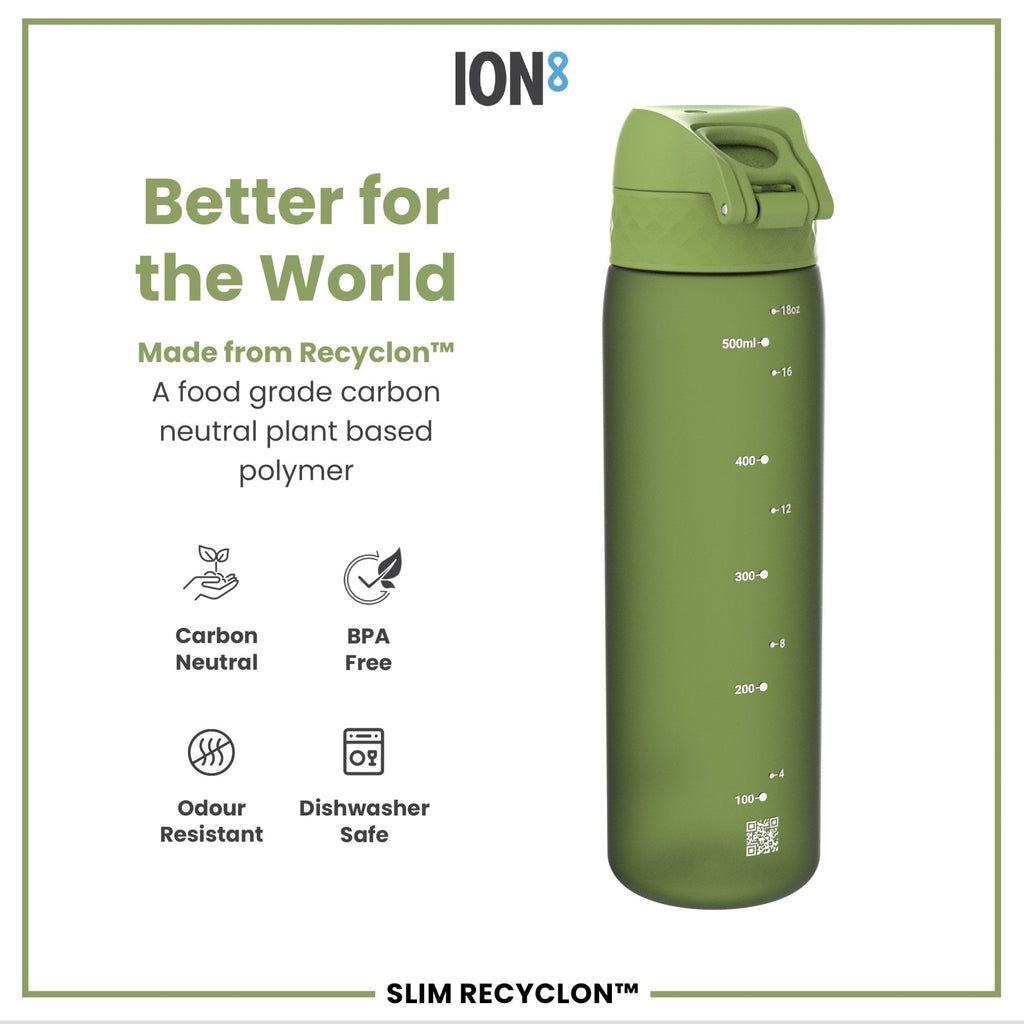 Ion8 Leak Proof Slim Water Bottle in khaki green, 500ml (18oz), made of recyclable material, with a secure screw lid.