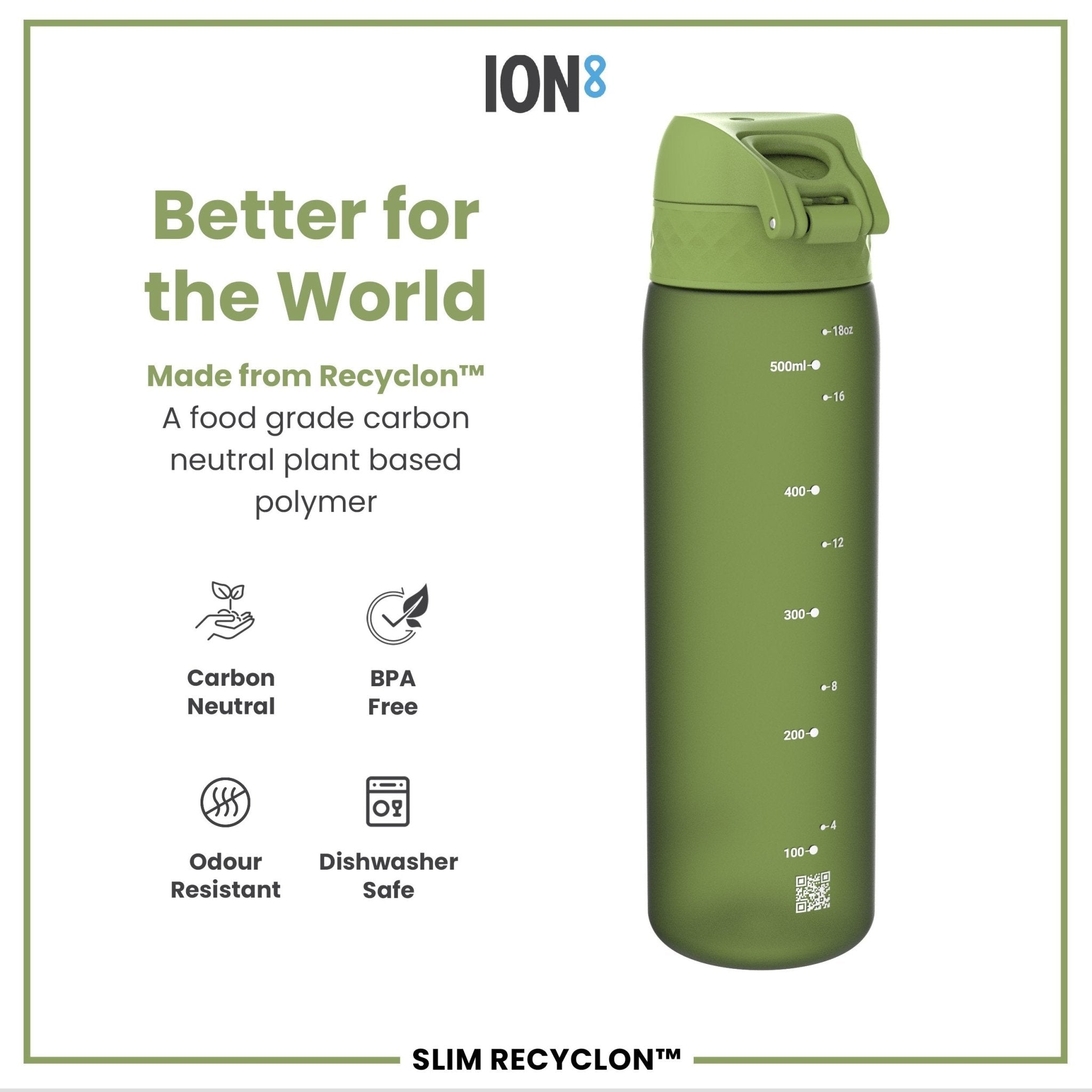 Ion8 Leak Proof Slim Water Bottle in khaki green, 500ml (18oz), made of recyclable material, with a secure screw lid.
