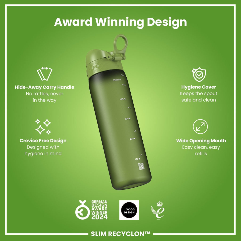 Ion8 Leak Proof Slim Water Bottle in khaki green, 500ml, made of recycled materials, featuring a secure leak-proof design.