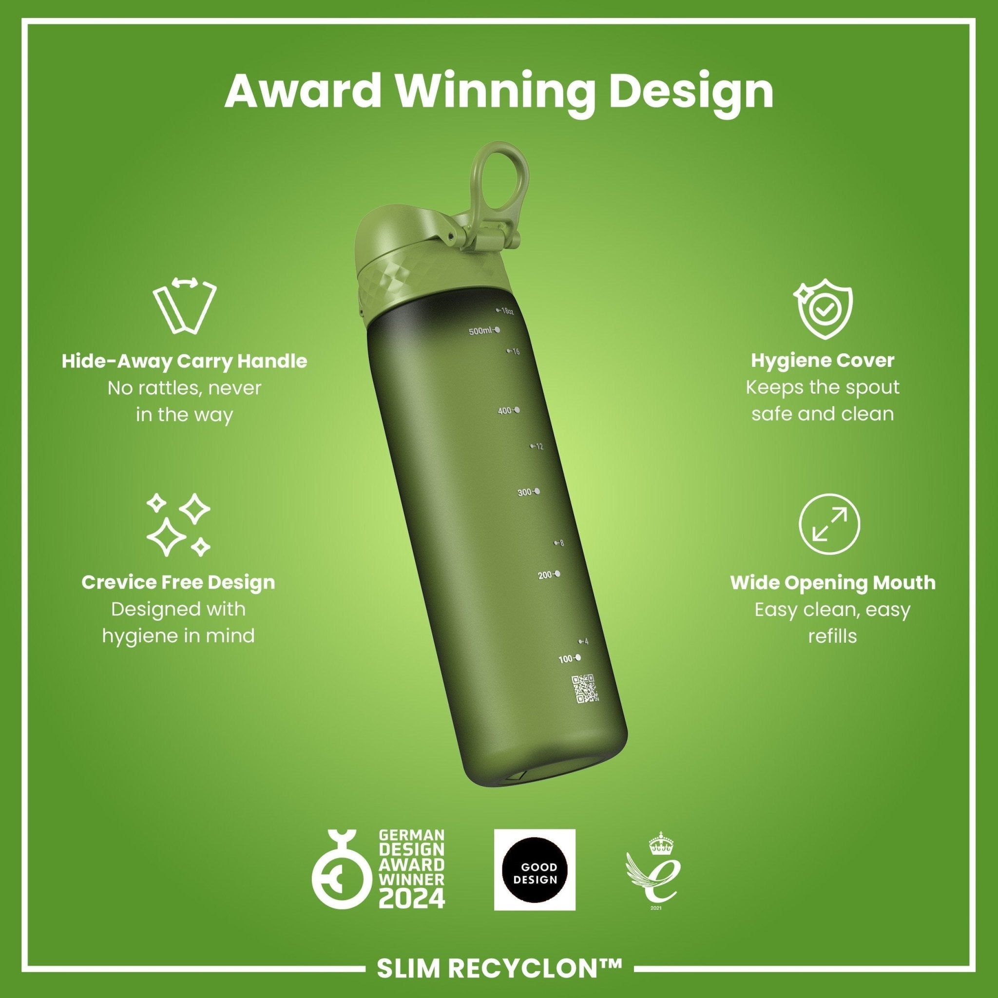 Ion8 Leak Proof Slim Water Bottle in khaki green, 500ml, made of recycled materials, featuring a secure leak-proof design.