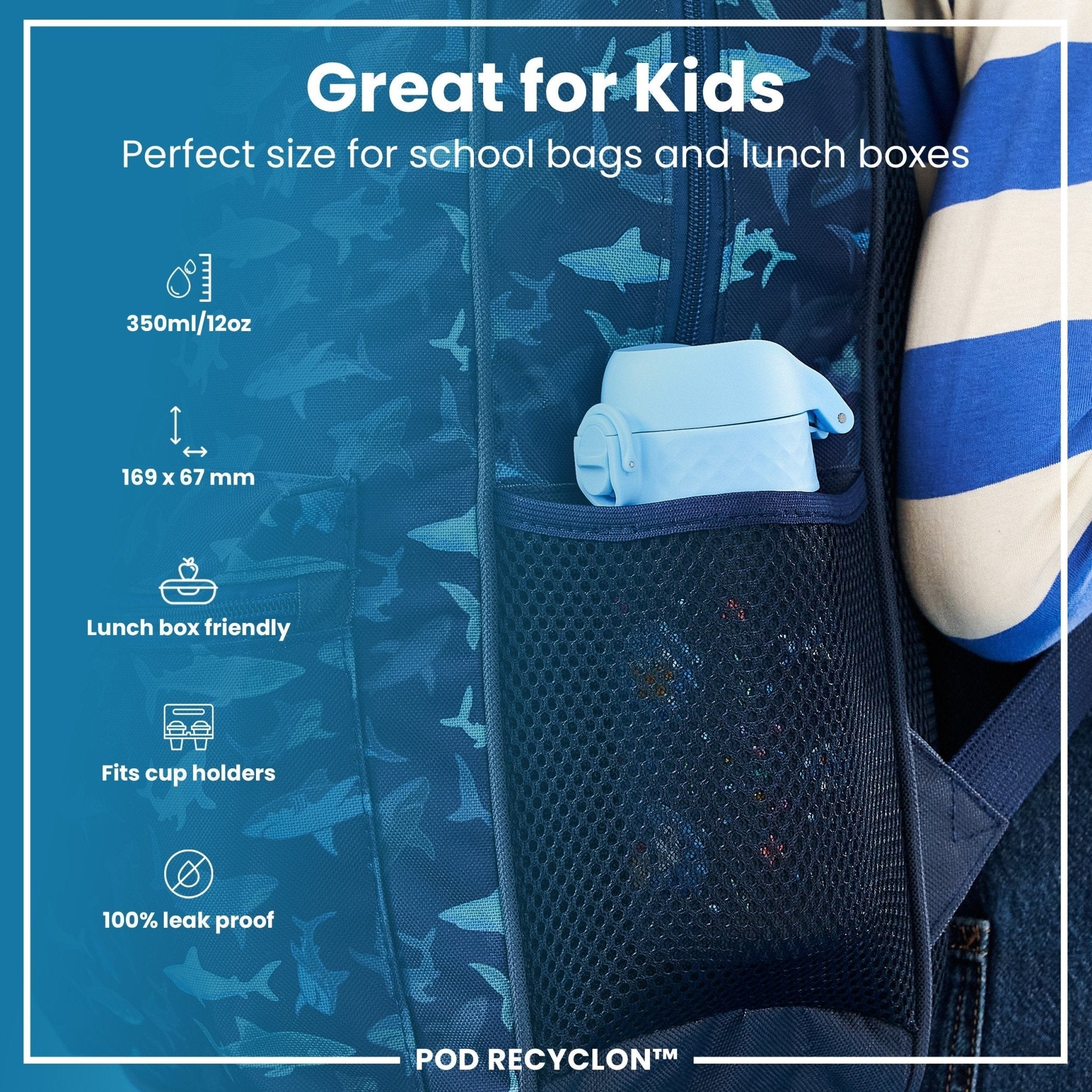 Ion8 Leak Proof Kids Water Bottle with Sharks design, 350ml Recyclon water bottle showing the bottle with shark illustrations.