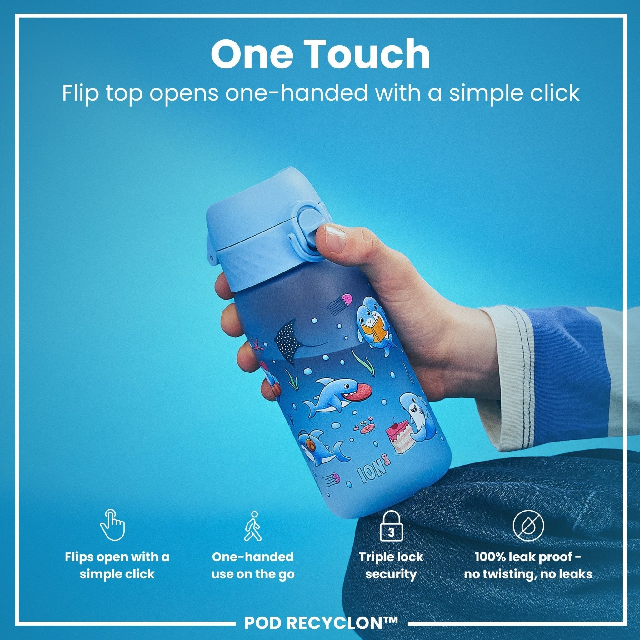 Ion8 Leak Proof Kids Water Bottle with shark design, 350ml recyclable Recyclon water bottle for children