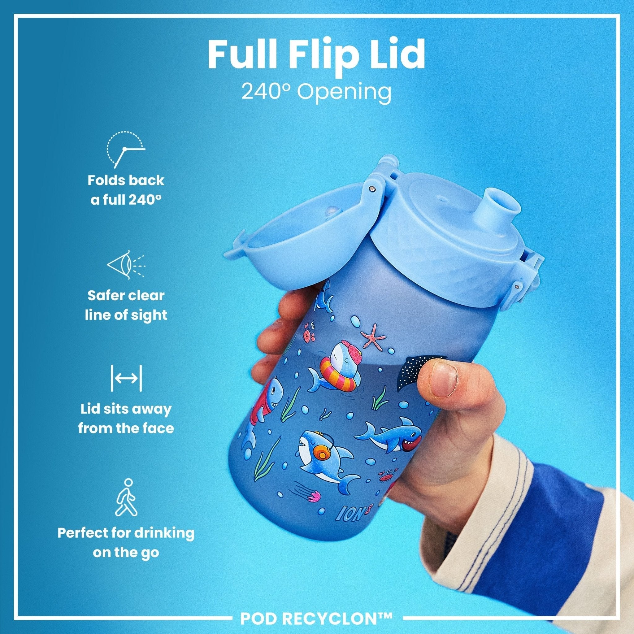 ION8 Recyclon leak-proof kids water bottle with sharks design, 350ml (12oz), durable and eco-friendly for children.