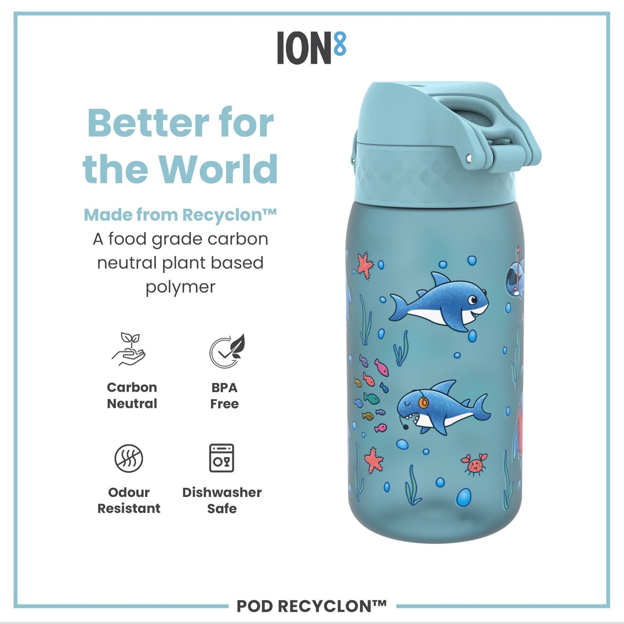 ION8 Recyclon leak-proof kids water bottle featuring sharks design, 350ml capacity, made for children’s hydration needs.