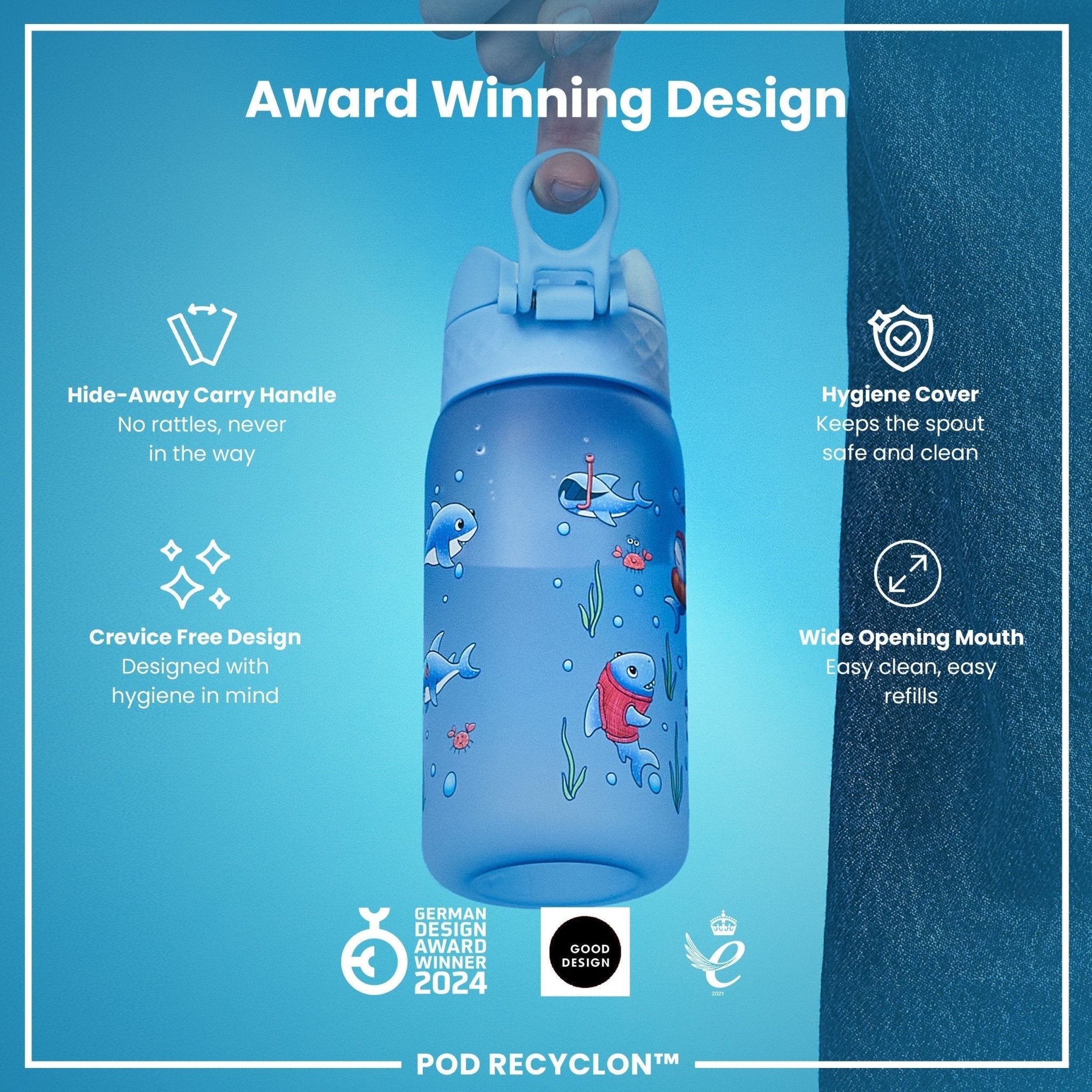 Ion8 Leak Proof Kids Water Bottle with Sharks design, 350ml Recyclon water bottle for kids, durable and eco-friendly.
