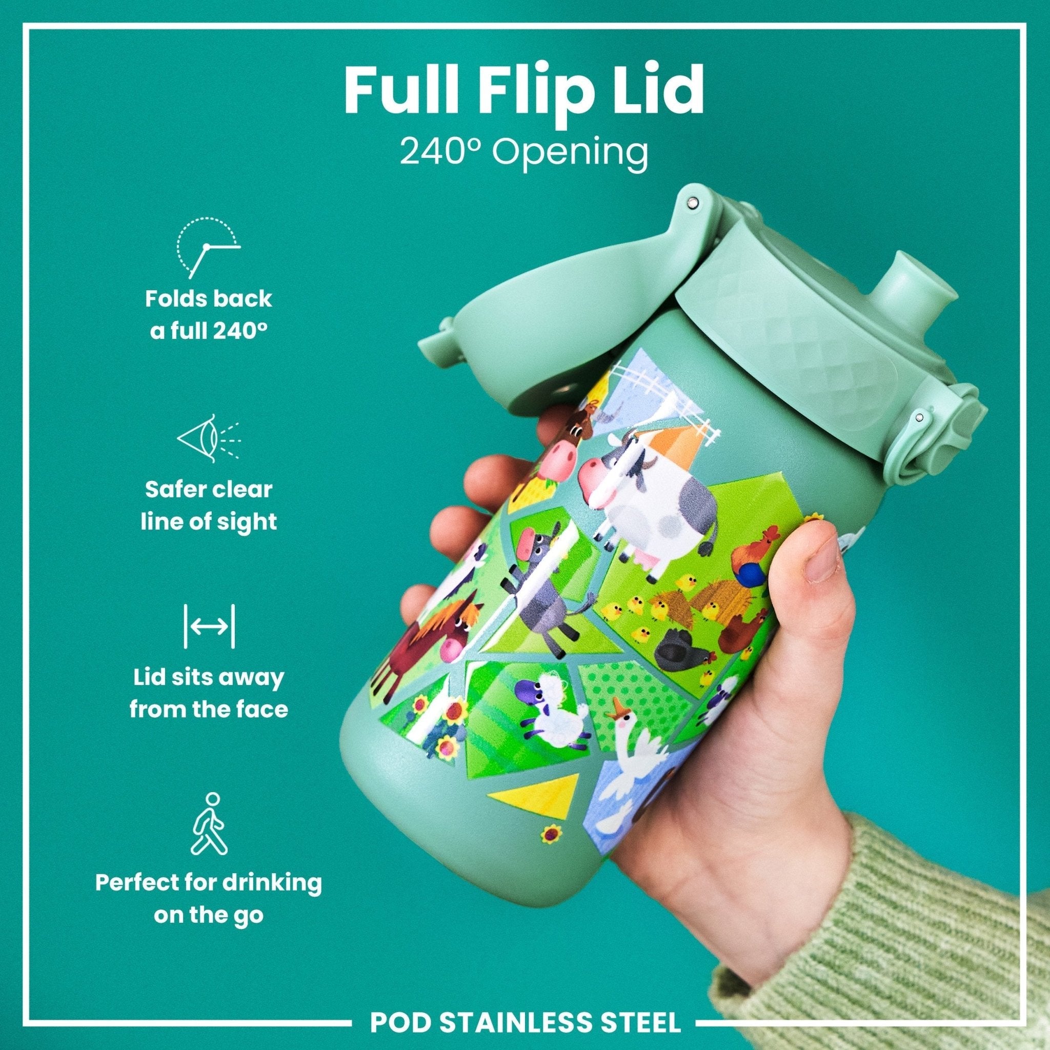 ION8 stainless steel kids water bottle with farming animal illustrations, 400ml leak-proof design, ideal for children.